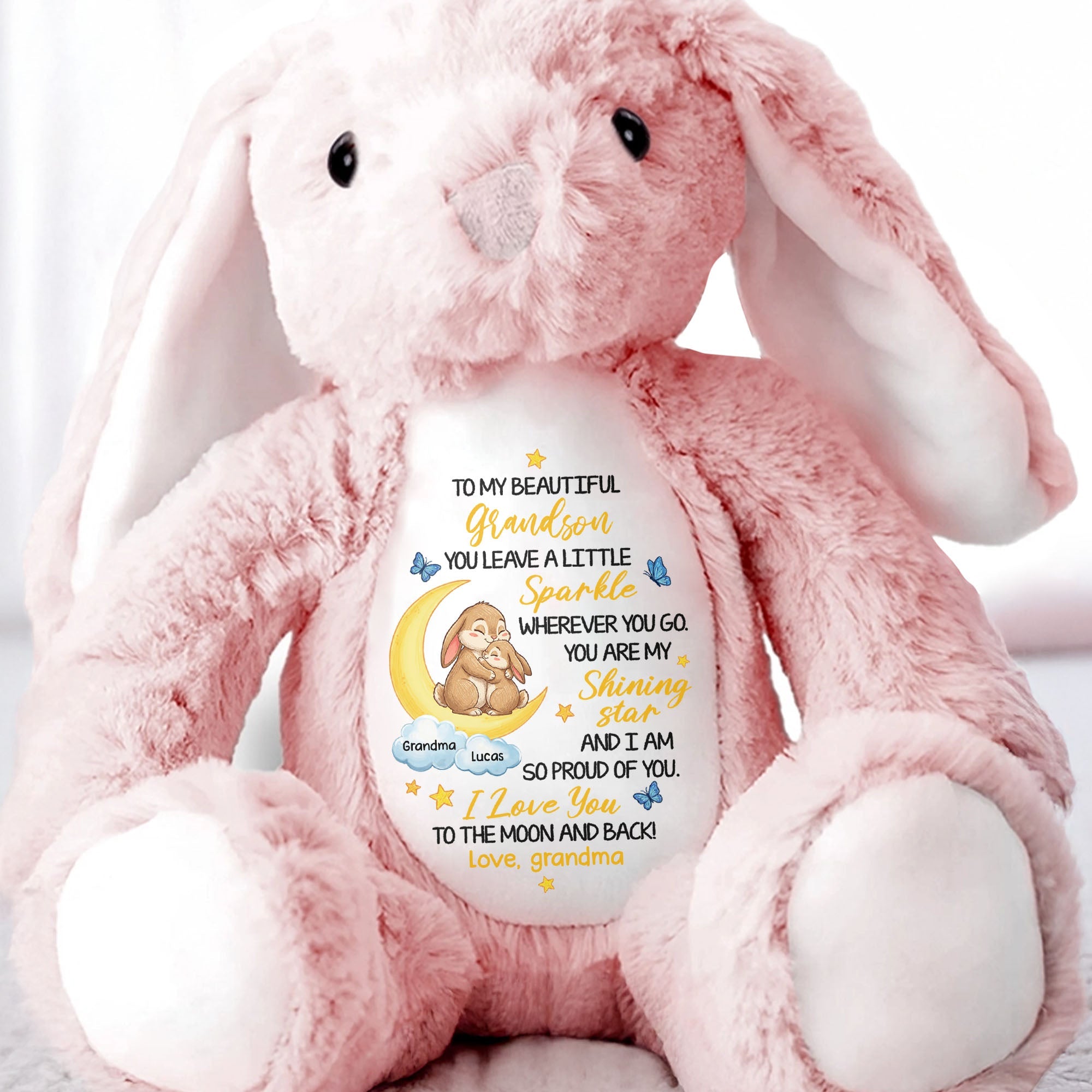 To My Beautiful Grandson Sparkle Wherever You Go Bunnies Moon And Stars - Personalized Stuffed Bunny - GRK114_BUN