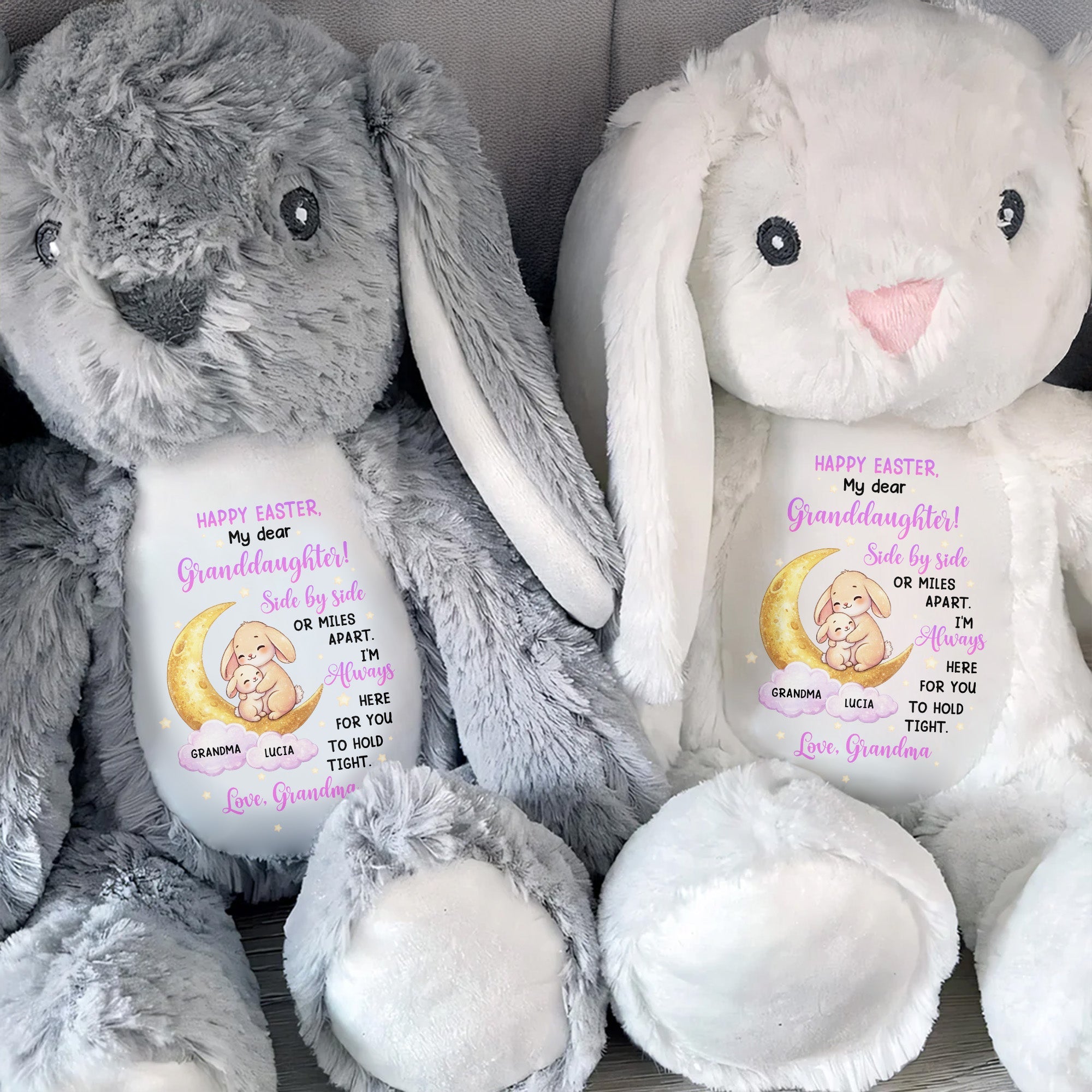 Happy Easter My Dear Granddaughter Side By Side Bunny Moon And Stars - Personalized Stuffed Bunny - GRK115_BUN
