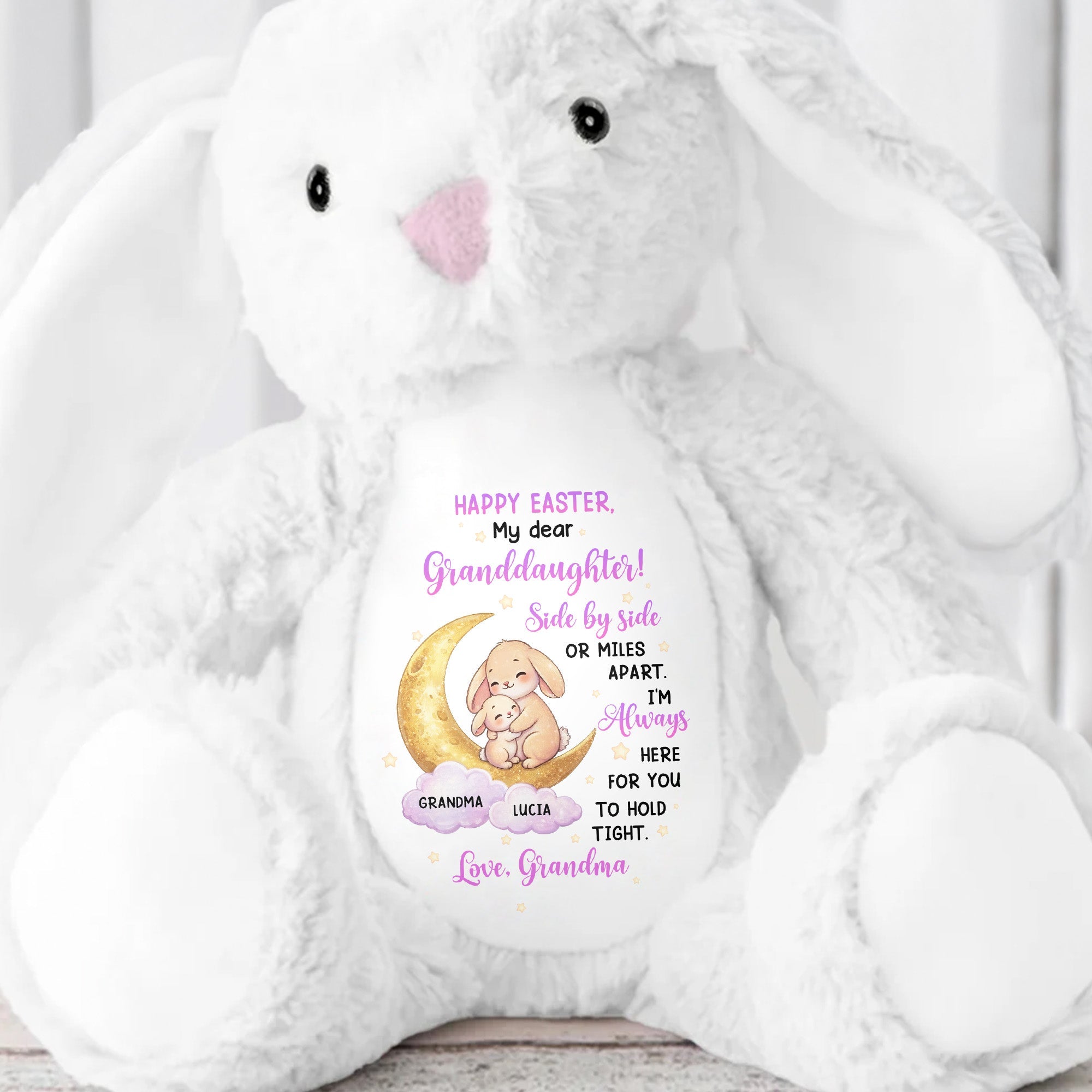 Happy Easter My Dear Granddaughter Side By Side Bunny Moon And Stars - Personalized Stuffed Bunny - GRK115_BUN