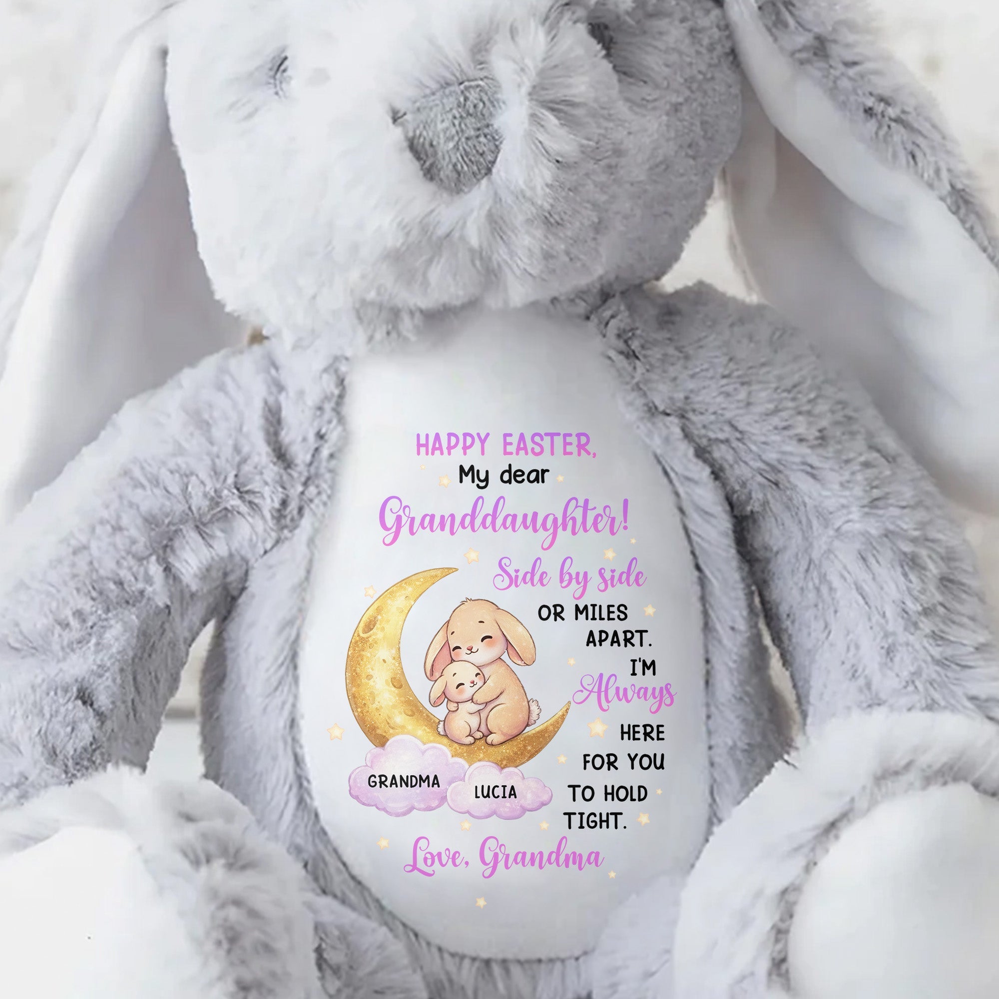 Happy Easter My Dear Granddaughter Side By Side Bunny Moon And Stars - Personalized Stuffed Bunny - GRK115_BUN