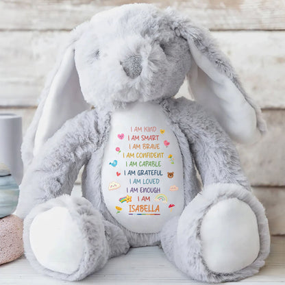 I Am Kind Smart Brave Confident Affirmations With Rainbow And Hearts - Personalized Stuffed Bunny - GRK118_BUN