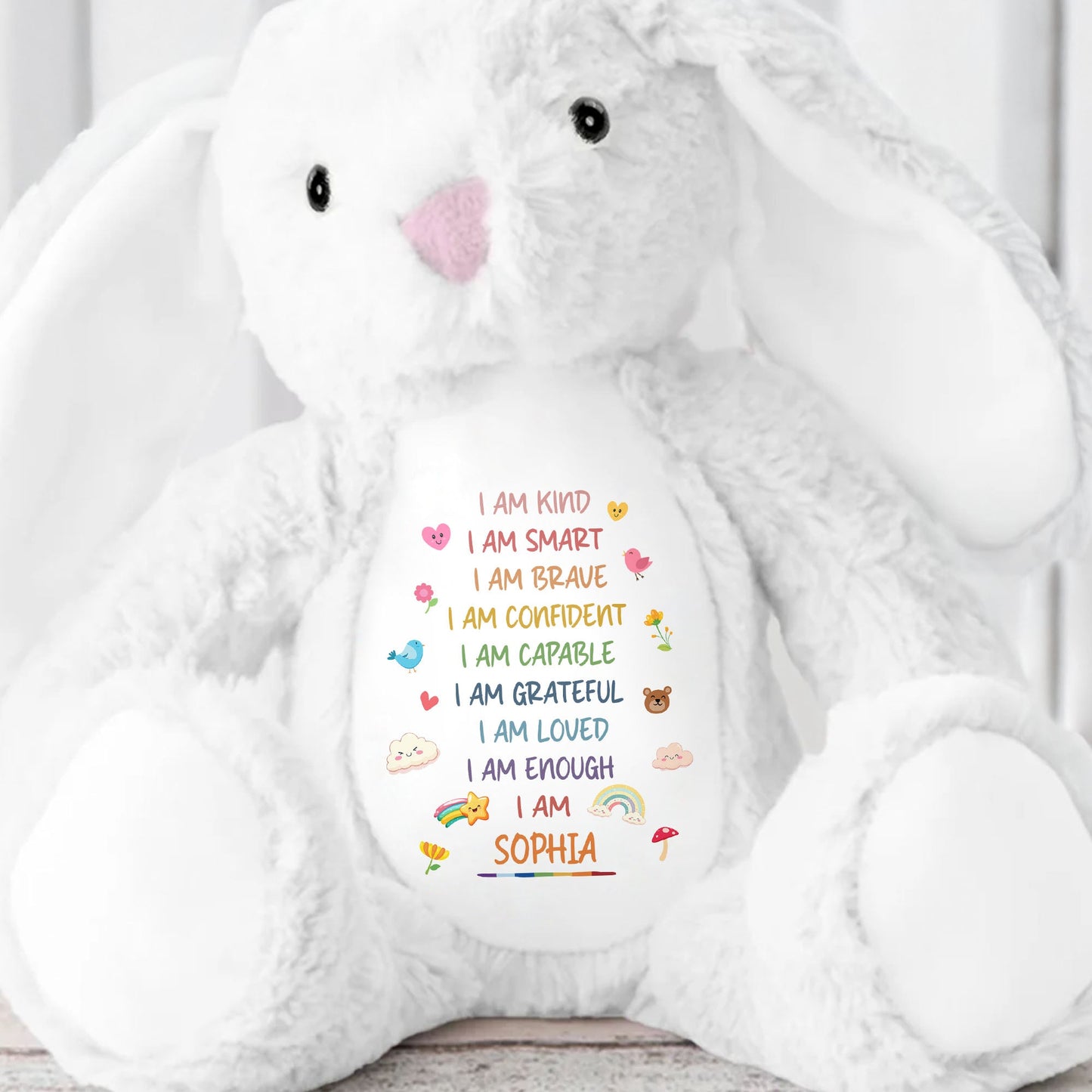 I Am Kind Smart Brave Confident Affirmations With Rainbow And Hearts - Personalized Stuffed Bunny - GRK118_BUN