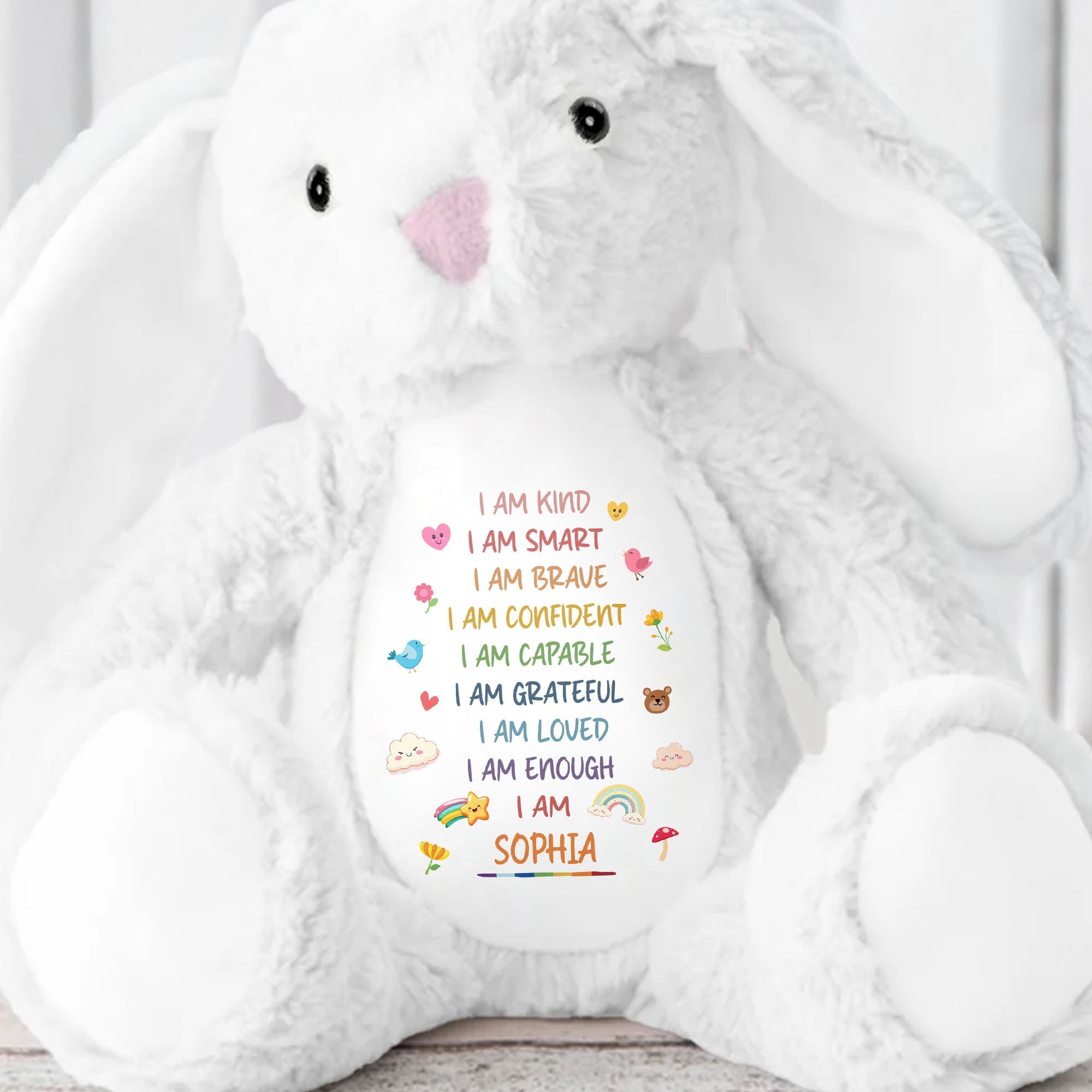 I Am Kind Smart Brave Confident Affirmations With Rainbow And Hearts - Personalized Stuffed Bunny - GRK118_BUN