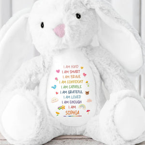 I Am Kind Smart Brave Confident Affirmations With Rainbow And Hearts - Personalized Stuffed Bunny - GRK118_BUN