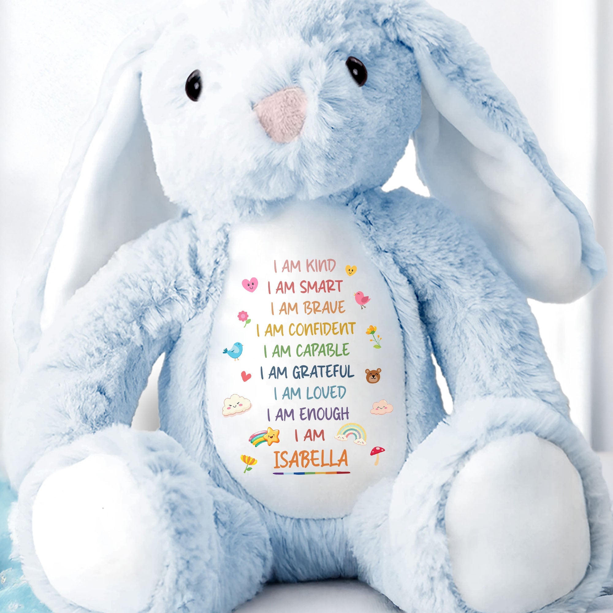 I Am Kind Smart Brave Confident Affirmations With Rainbow And Hearts - Personalized Stuffed Bunny - GRK118_BUN