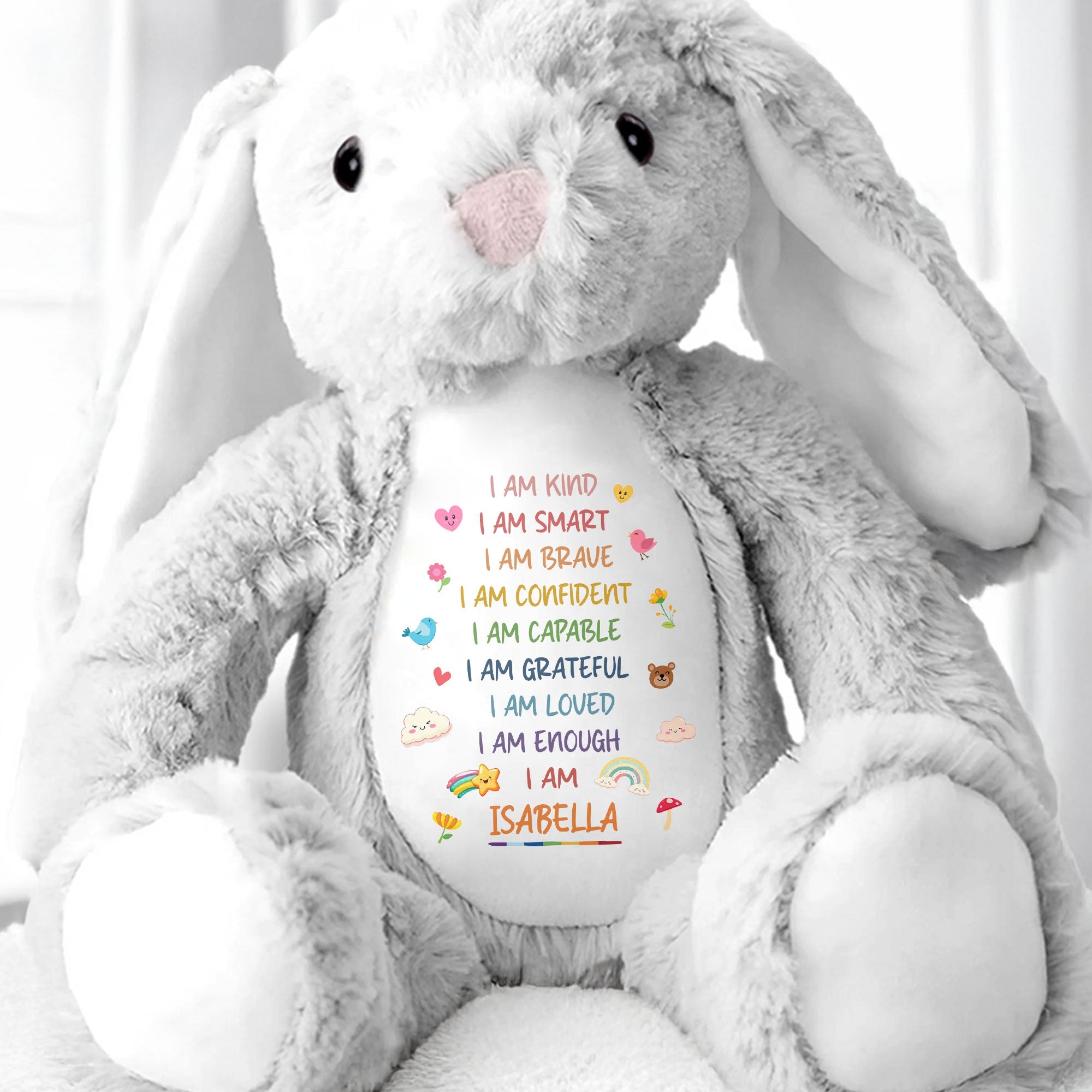 I Am Kind Smart Brave Confident Affirmations With Rainbow And Hearts - Personalized Stuffed Bunny - GRK118_BUN