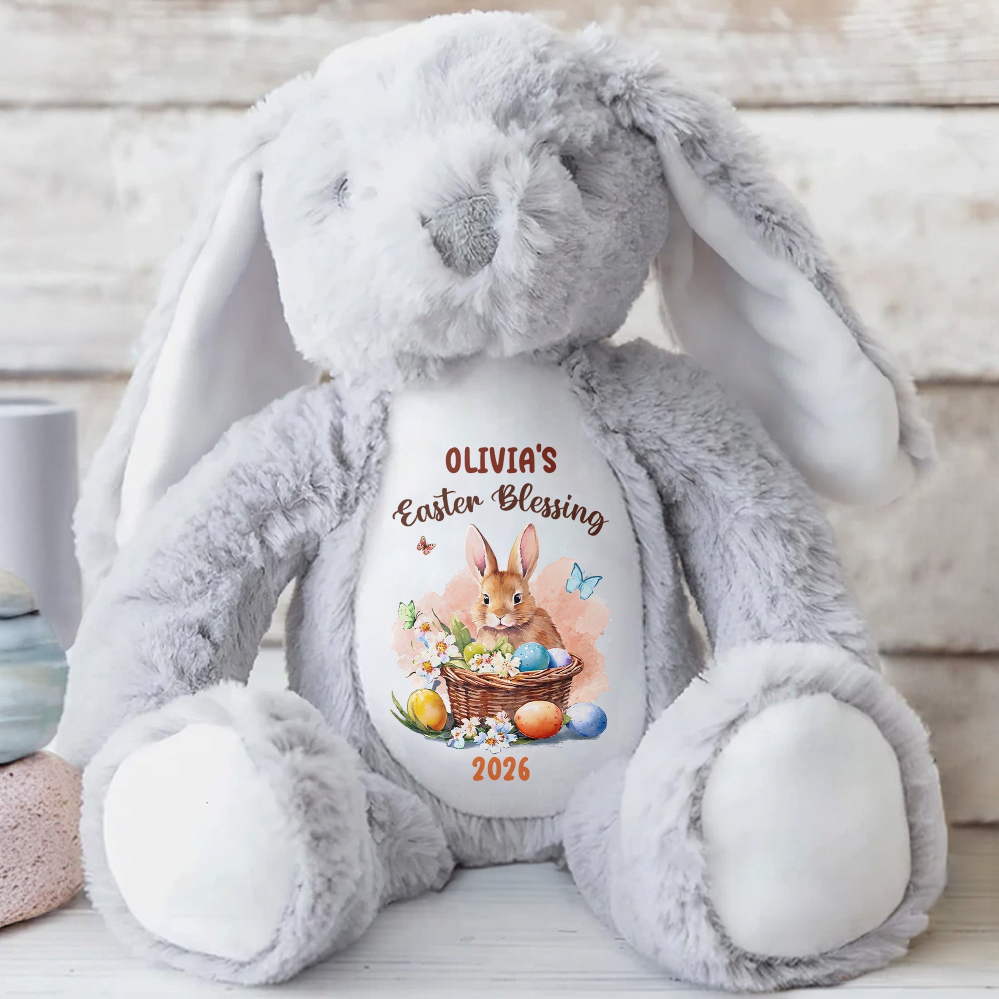 Easter Blessing With Basket Of Eggs And Butterflies Flower - Personalized Stuffed Bunny - GRK121_BUN