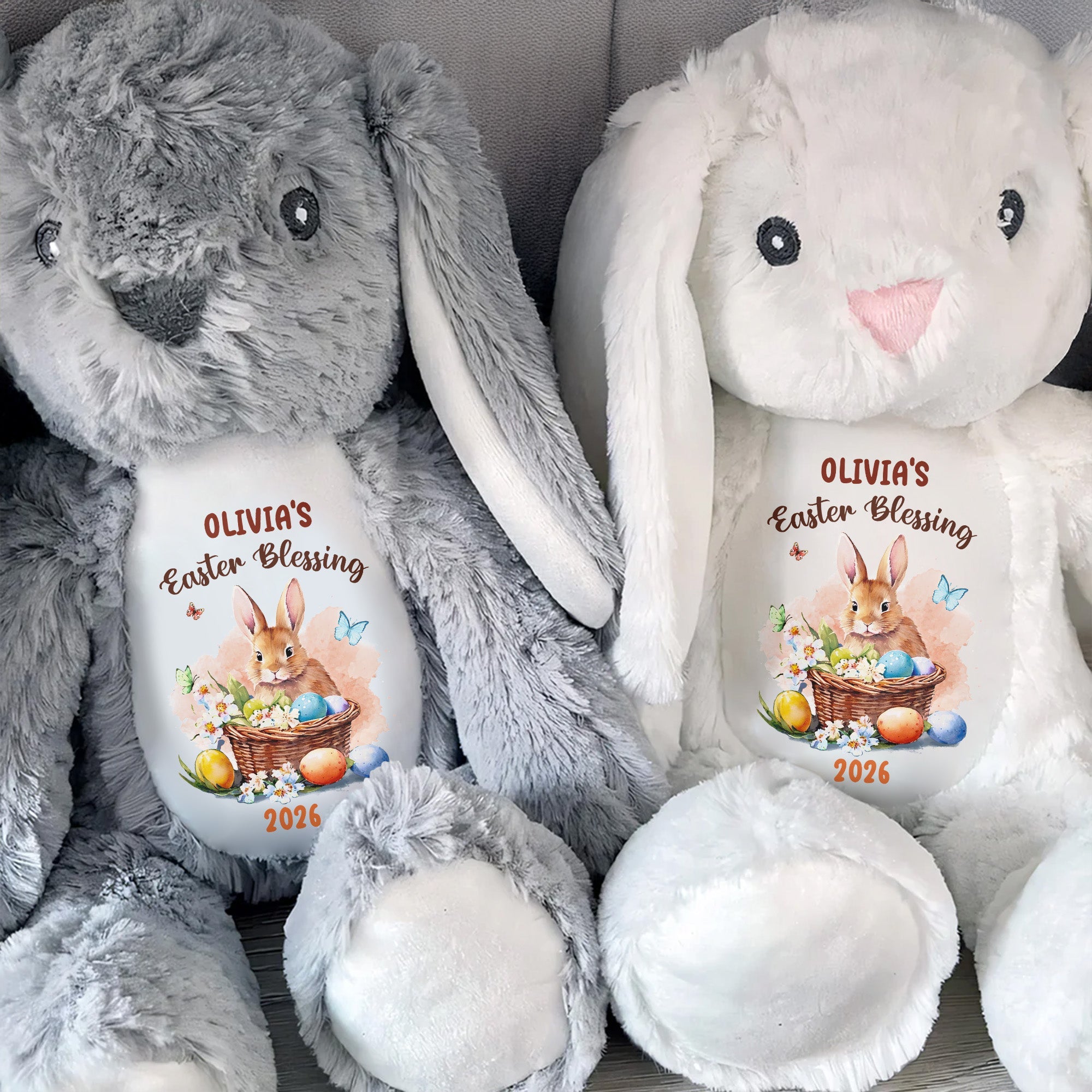 Easter Blessing With Basket Of Eggs And Butterflies Flower - Personalized Stuffed Bunny - GRK121_BUN