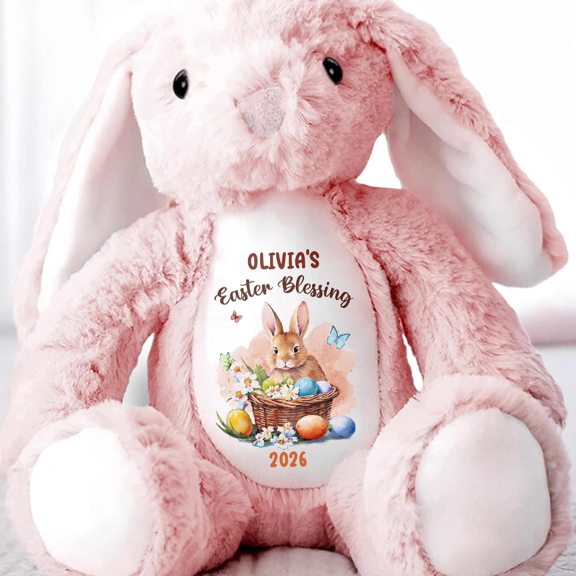 Easter Blessing With Basket Of Eggs And Butterflies Flower - Personalized Stuffed Bunny - GRK121_BUN