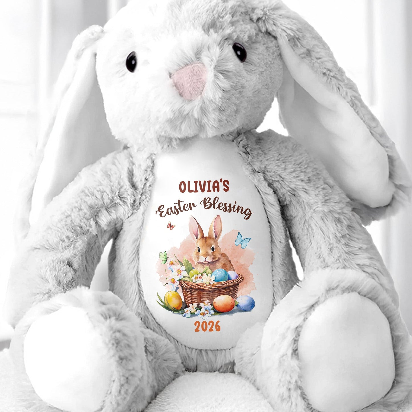 Easter Blessing With Basket Of Eggs And Butterflies Flower - Personalized Stuffed Bunny - GRK121_BUN