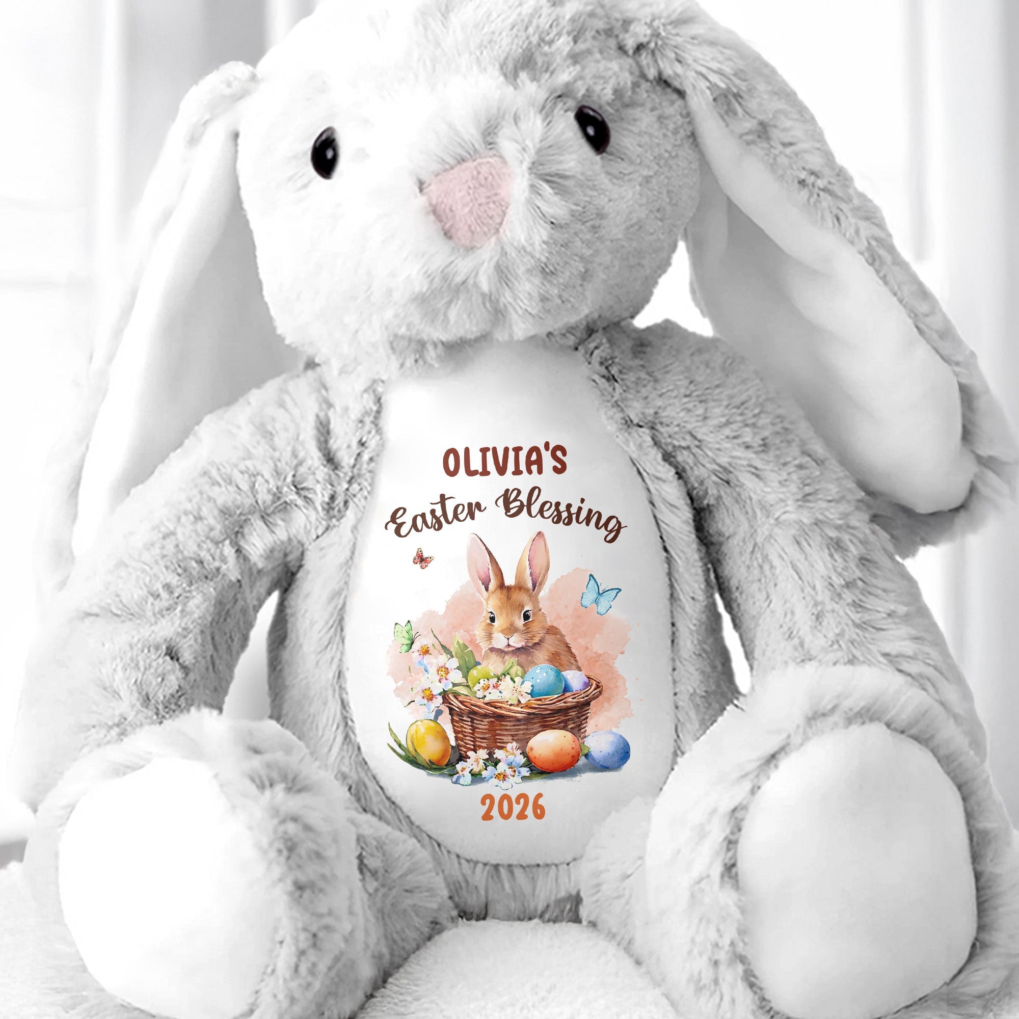 Easter Blessing With Basket Of Eggs And Butterflies Flower - Personalized Stuffed Bunny - GRK121_BUN