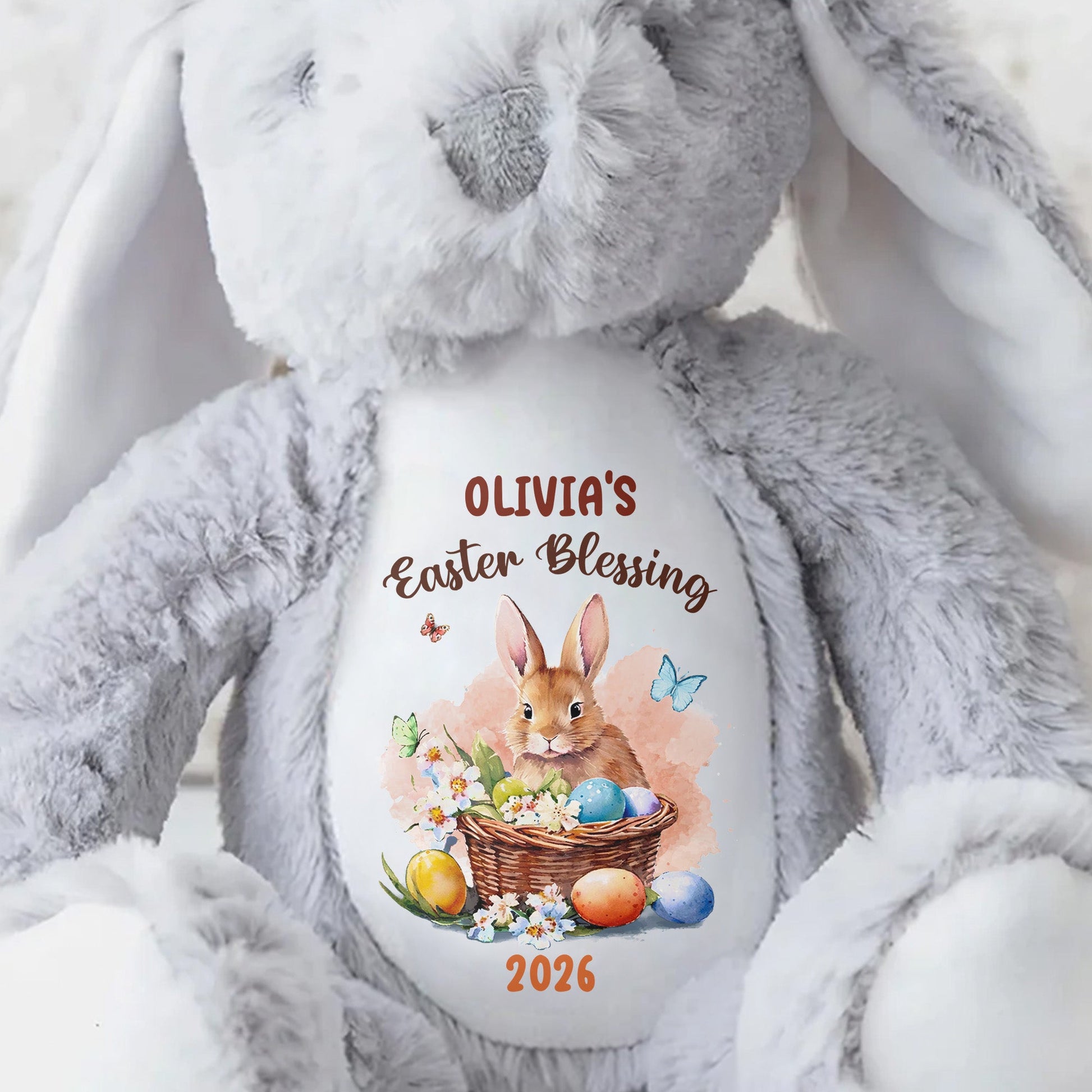 Easter Blessing With Basket Of Eggs And Butterflies Flower - Personalized Stuffed Bunny - GRK121_BUN