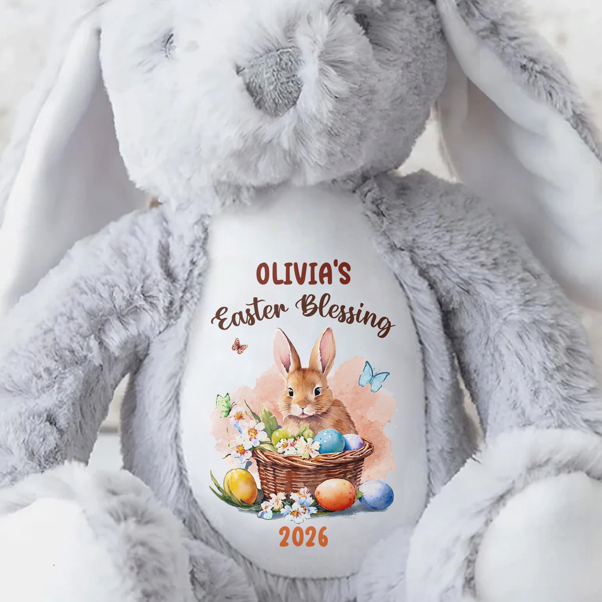 Easter Blessing With Basket Of Eggs And Butterflies Flower - Personalized Stuffed Bunny - GRK121_BUN