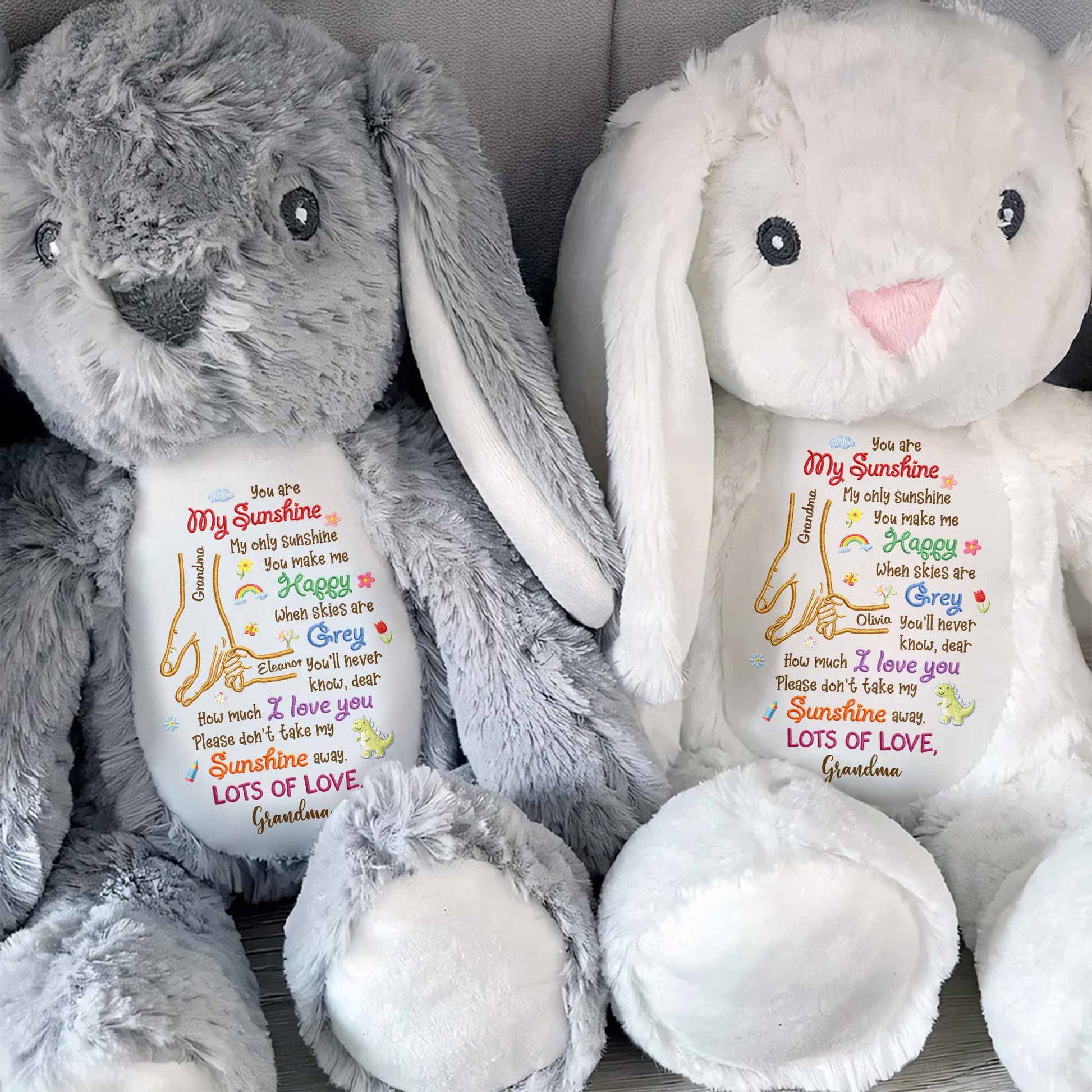 You Are My Sunshine Holding Hands Flowers And Dinosaur Personalized Plush - Personalized Stuffed Bunny - GRK122_BUN