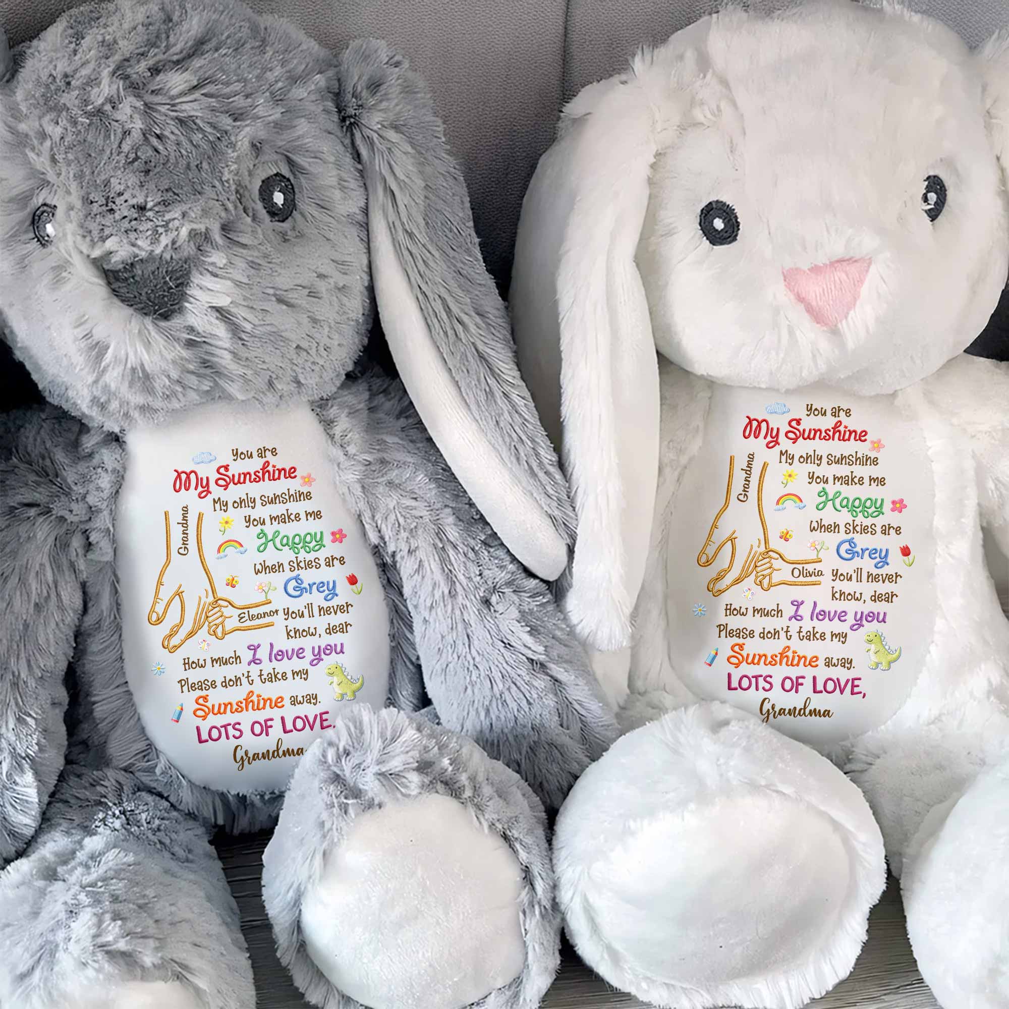 You Are My Sunshine Holding Hands Flowers And Dinosaur Personalized Plush - Personalized Stuffed Bunny - GRK122_BUN