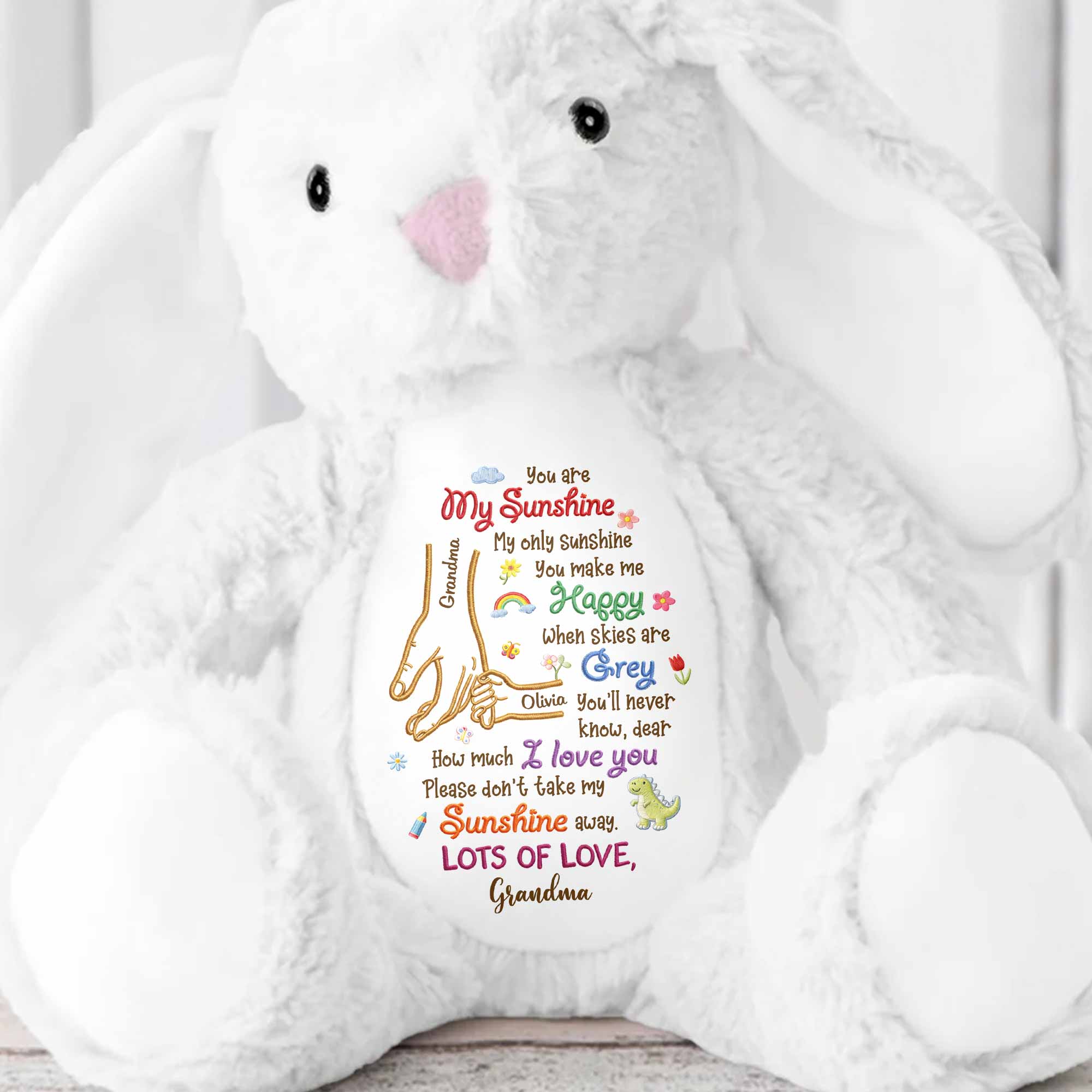 You Are My Sunshine Holding Hands Flowers And Dinosaur Personalized Plush - Personalized Stuffed Bunny - GRK122_BUN