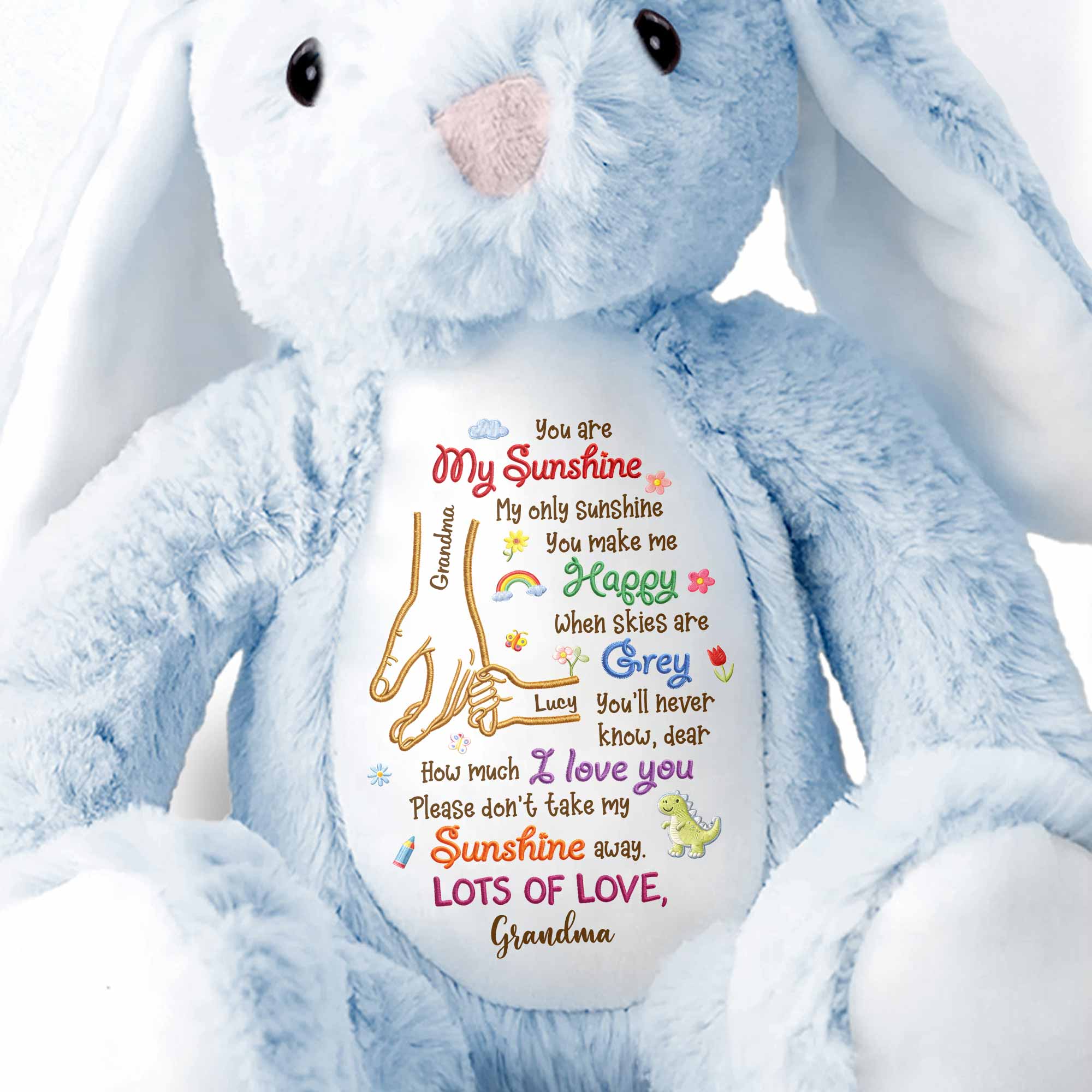 You Are My Sunshine Holding Hands Flowers And Dinosaur Personalized Plush - Personalized Stuffed Bunny - GRK122_BUN