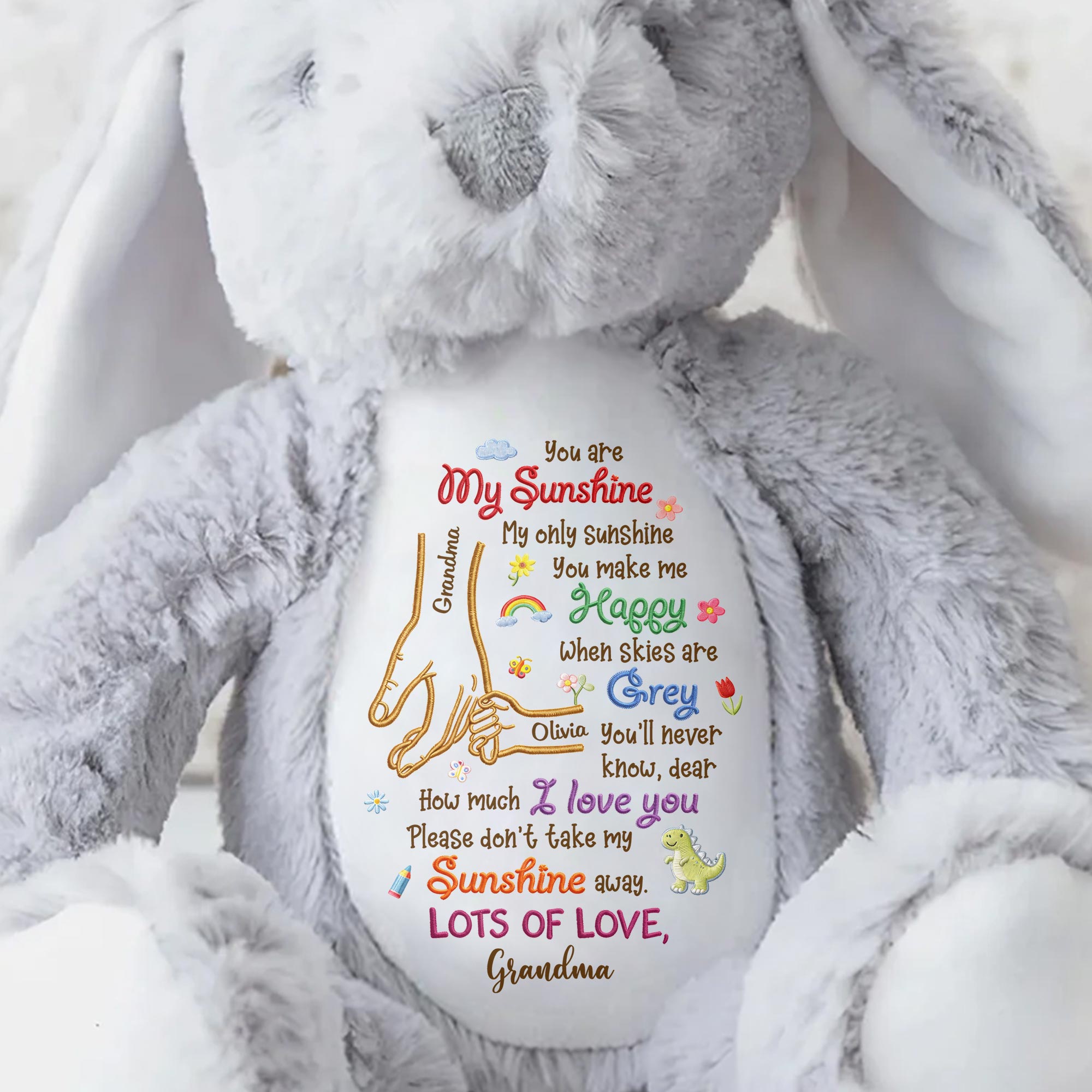 You Are My Sunshine Holding Hands Flowers And Dinosaur Personalized Plush - Personalized Stuffed Bunny - GRK122_BUN