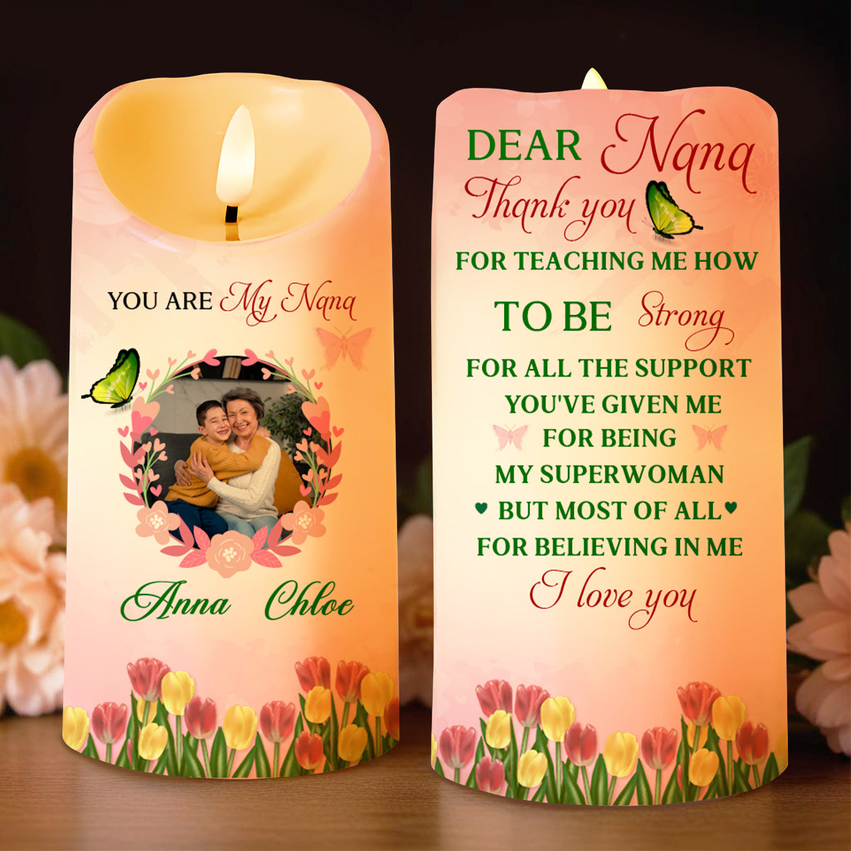 Dear Nana, Thank You For Teaching Me Strength And Love - Personalized Custom LED Candle - GRM020_LECA