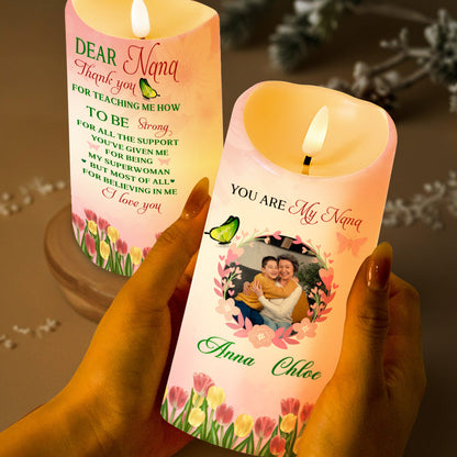 Dear Nana, Thank You For Teaching Me Strength And Love - Personalized Custom LED Candle - GRM020_LECA