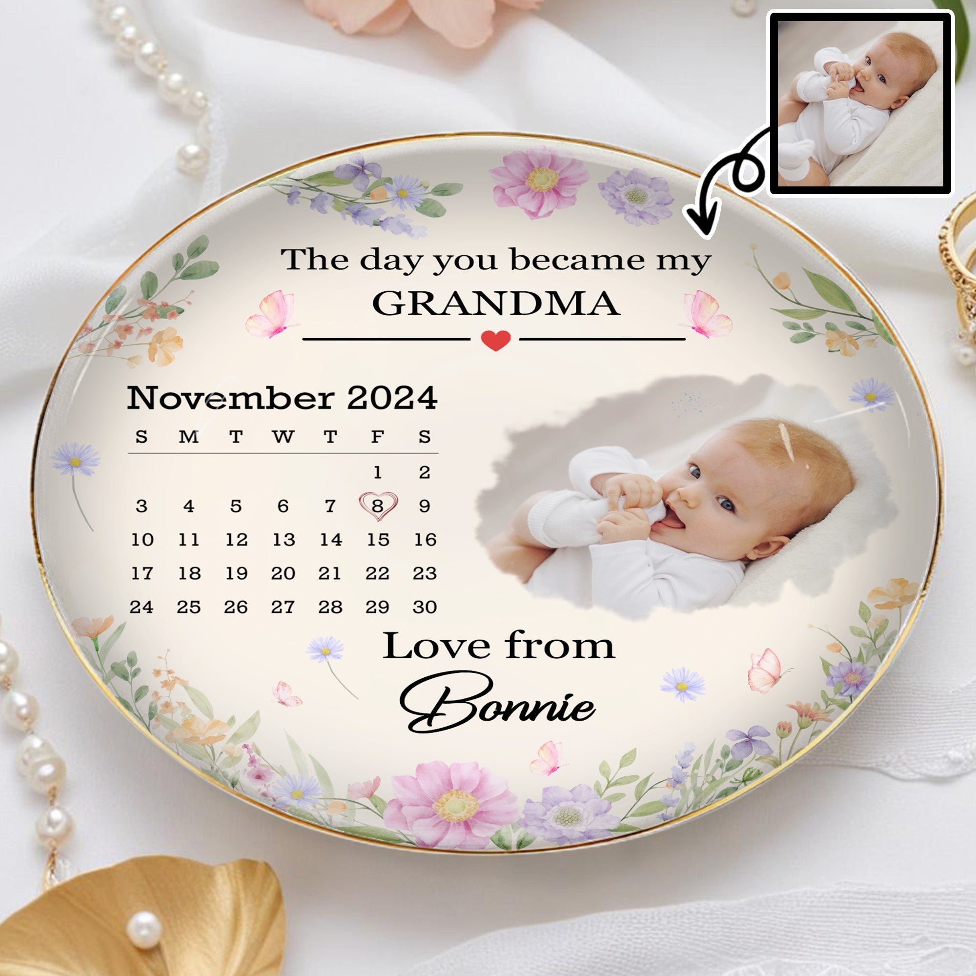 The Day You Became My Grandma With Flowers - Personalized Custom Jewelry Dish, Ceramic Dish, Round Shape - GRM023_RCRF