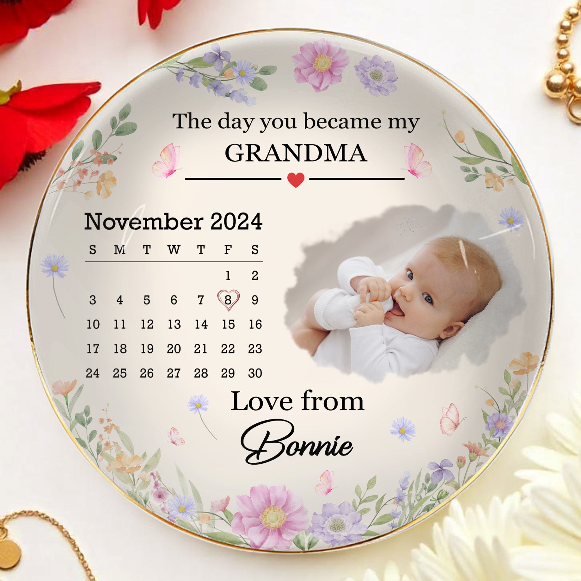 The Day You Became My Grandma With Flowers - Personalized Custom Jewelry Dish, Ceramic Dish, Round Shape - GRM023_RCRF
