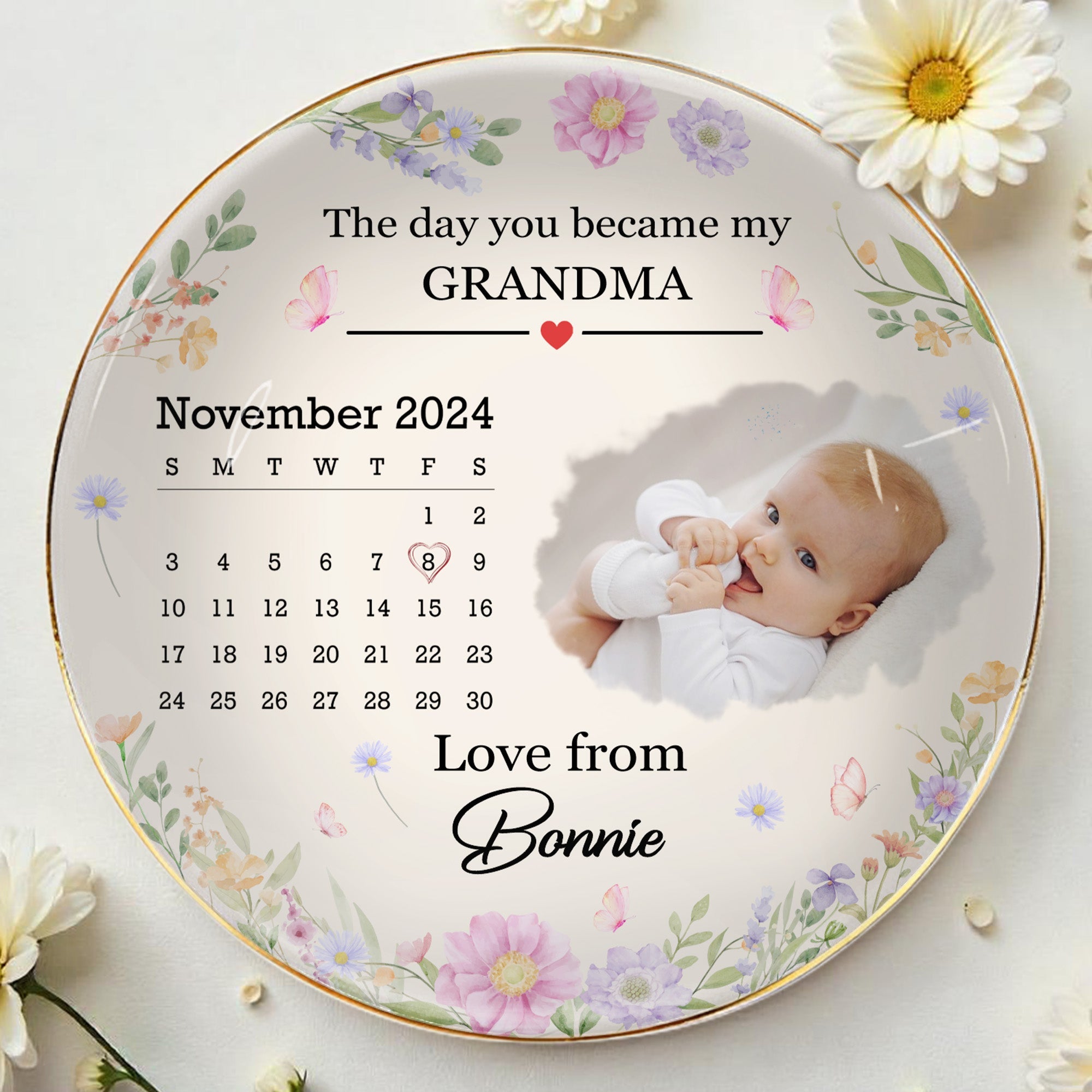 The Day You Became My Grandma With Flowers - Personalized Custom Jewelry Dish, Ceramic Dish, Round Shape - GRM023_RCRF