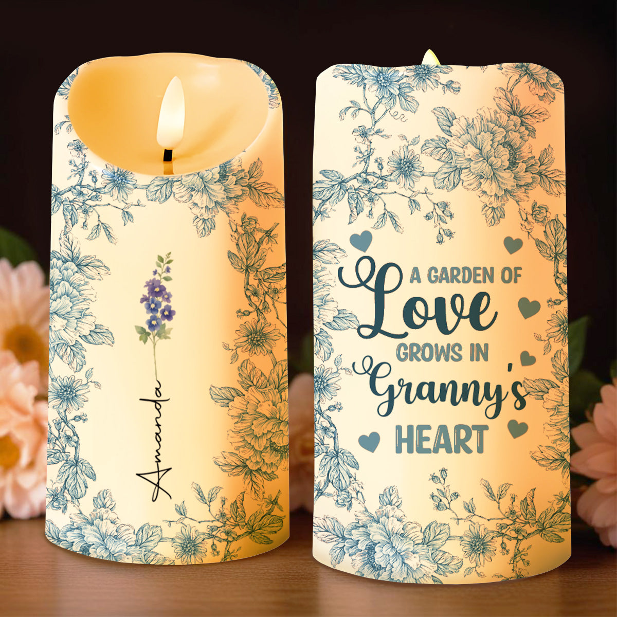 A Garden of Love Grows in Granny's Heart, Flowers and Heart - Personalized Custom LED Candle - GRM029_LECA