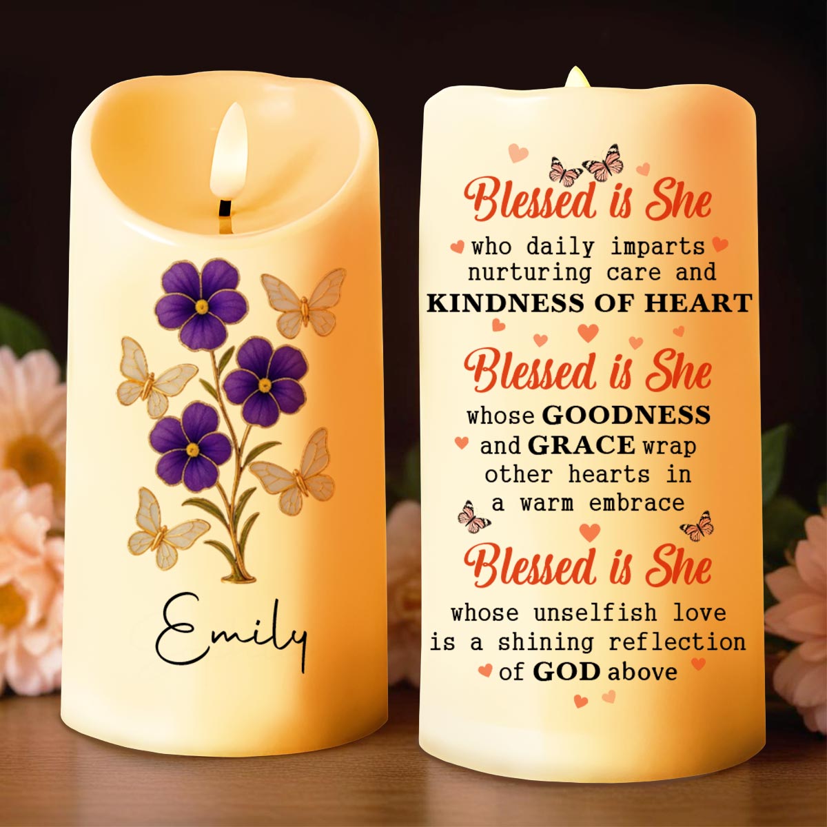 Blessed Is She Who Imparts Care, Flowers and Butterflies - Personalized Custom LED Candle - GRM043_LECA