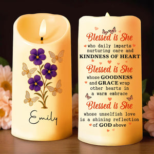 Blessed Is She Who Imparts Care, Flowers and Butterflies - Personalized Custom LED Candle - GRM043_LECA