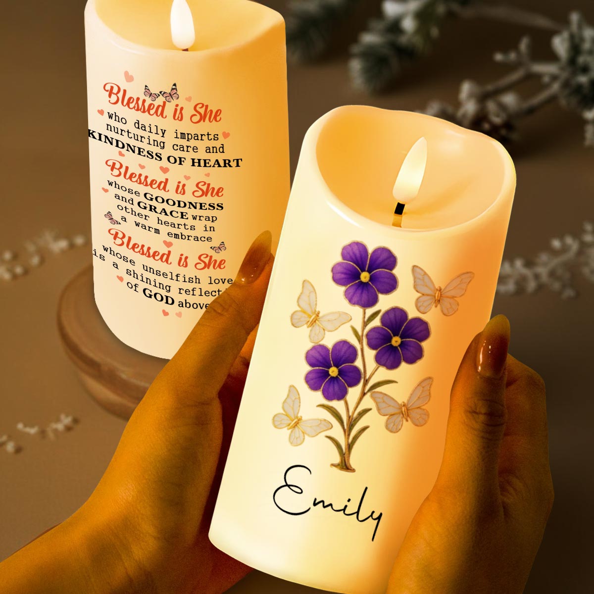 Blessed Is She Who Imparts Care, Flowers and Butterflies - Personalized Custom LED Candle - GRM043_LECA