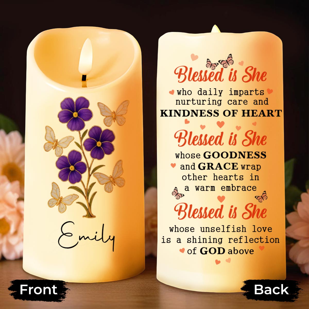 Blessed Is She Who Imparts Care, Flowers and Butterflies - Personalized Custom LED Candle - GRM043_LECA
