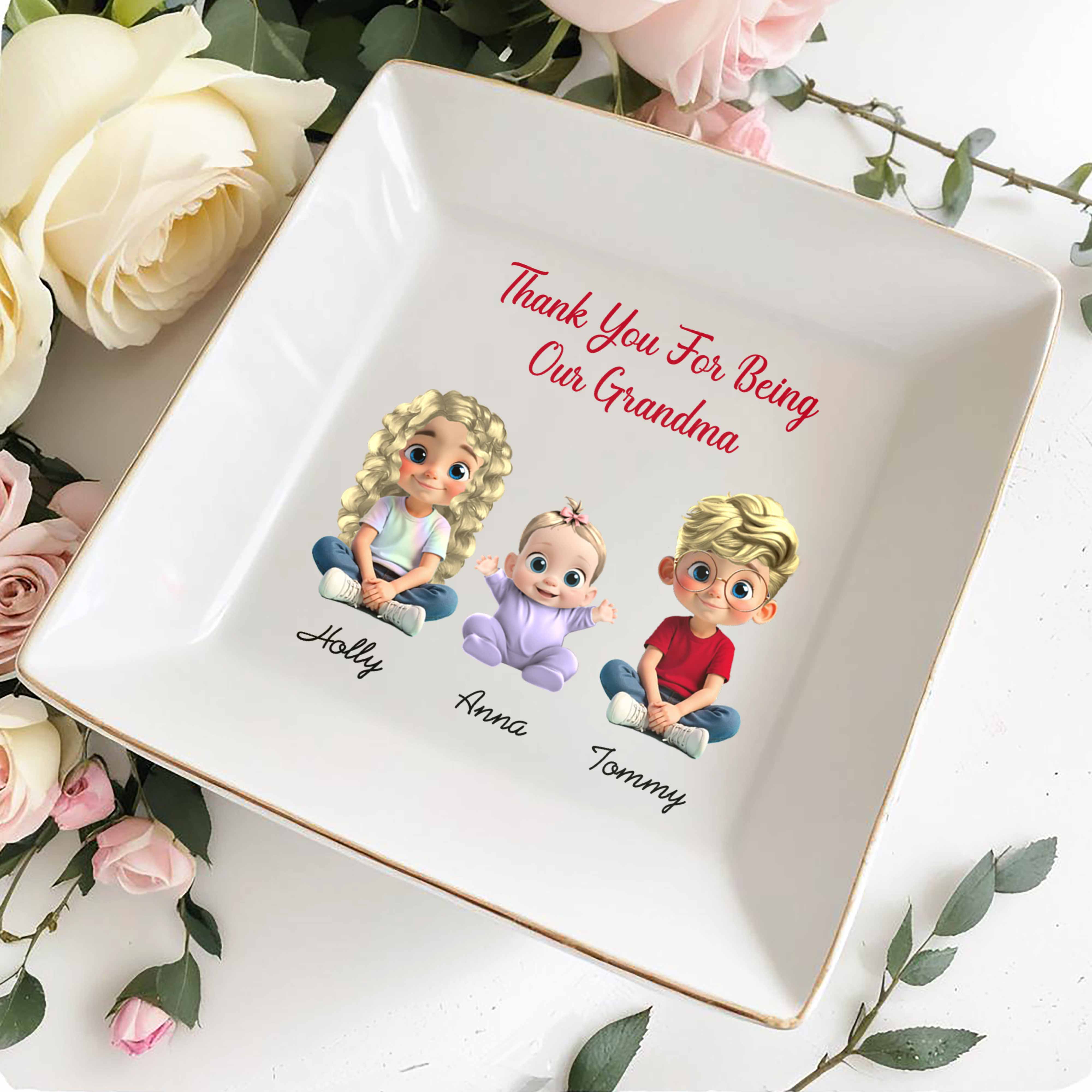 Thank You For Being Our Grandma - Personalized Custom Jewelry Dish, Square Ceramic Dish - GRM079_SCRD