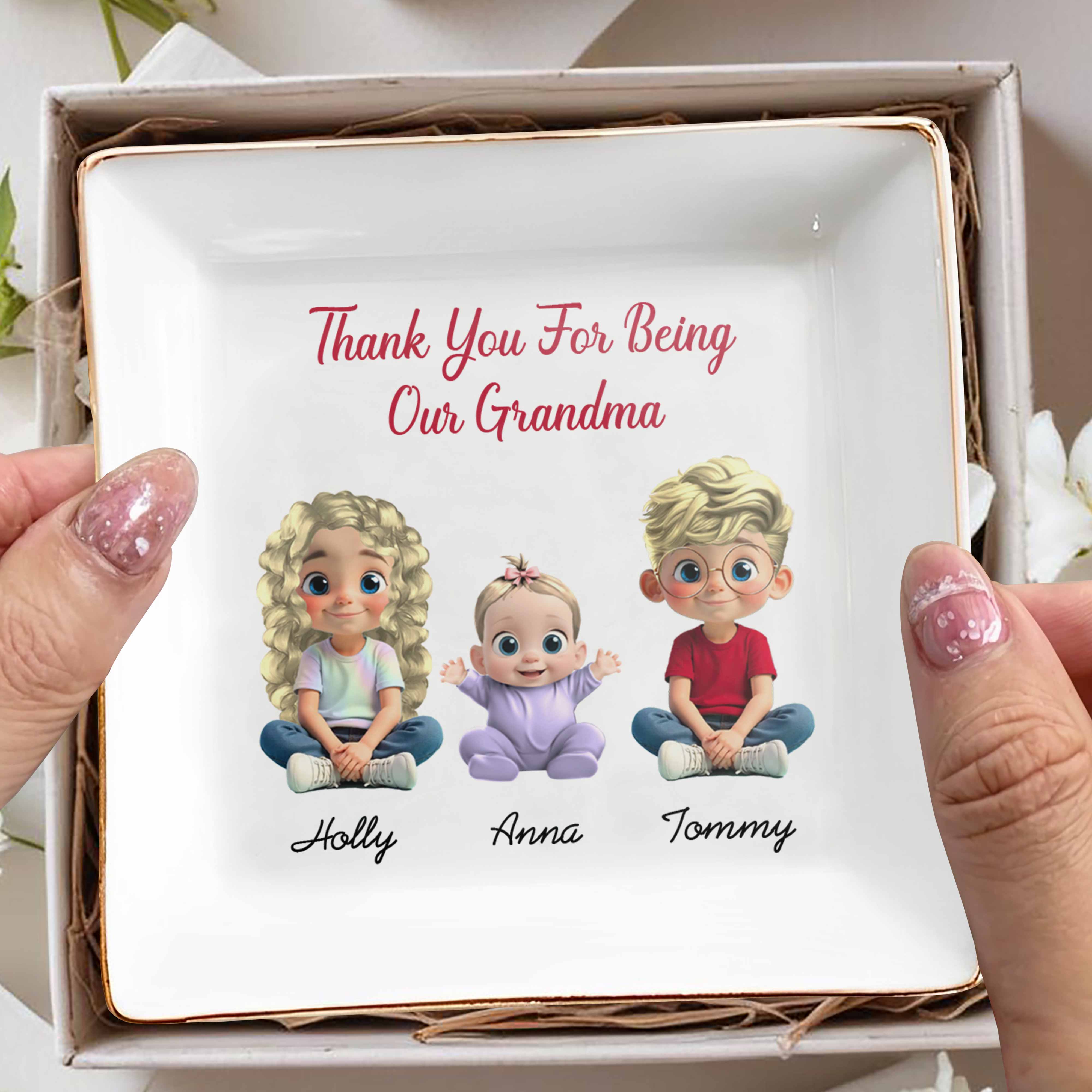 Thank You For Being Our Grandma - Personalized Custom Jewelry Dish, Square Ceramic Dish - GRM079_SCRD