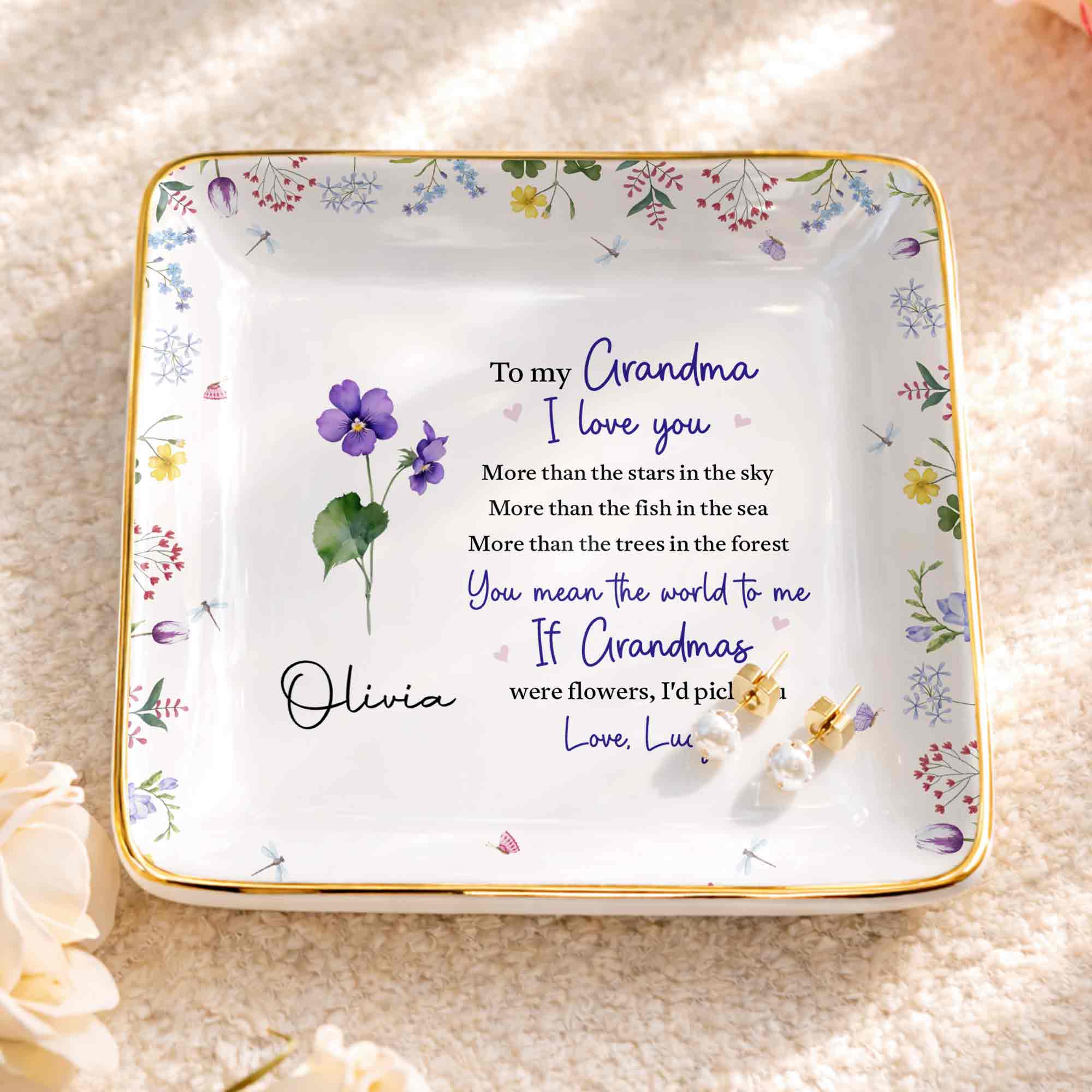 To My Grandma, I Love You, Flower Design - Personalized Custom Jewelry Dish, Ceramic Dish, Square Shape - GRM105_SCRF