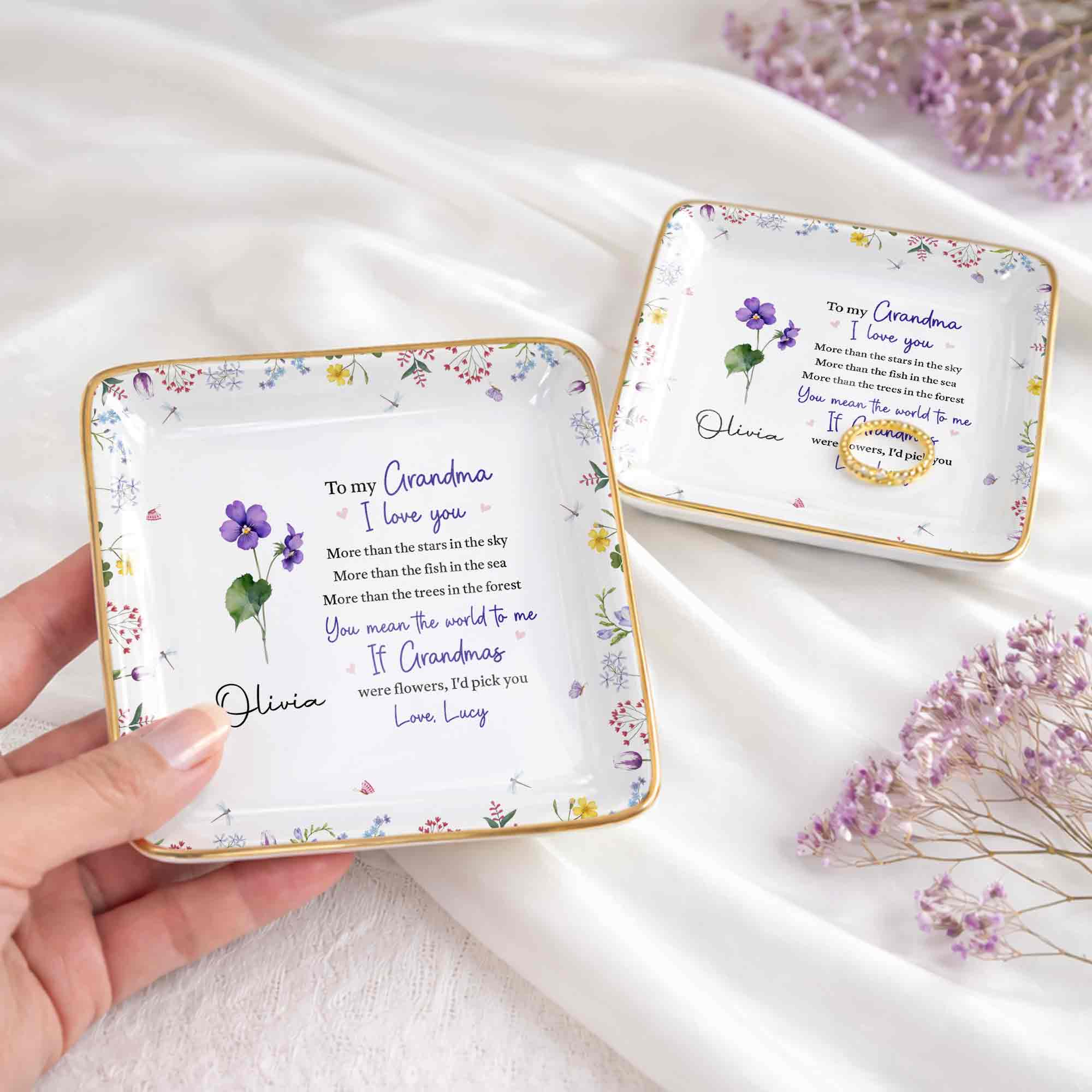 To My Grandma, I Love You, Flower Design - Personalized Custom Jewelry Dish, Ceramic Dish, Square Shape - GRM105_SCRF
