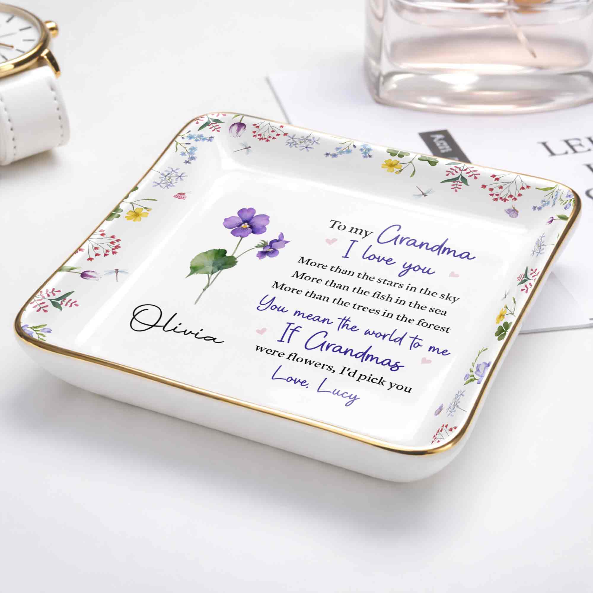 To My Grandma, I Love You, Flower Design - Personalized Custom Jewelry Dish, Ceramic Dish, Square Shape - GRM105_SCRF