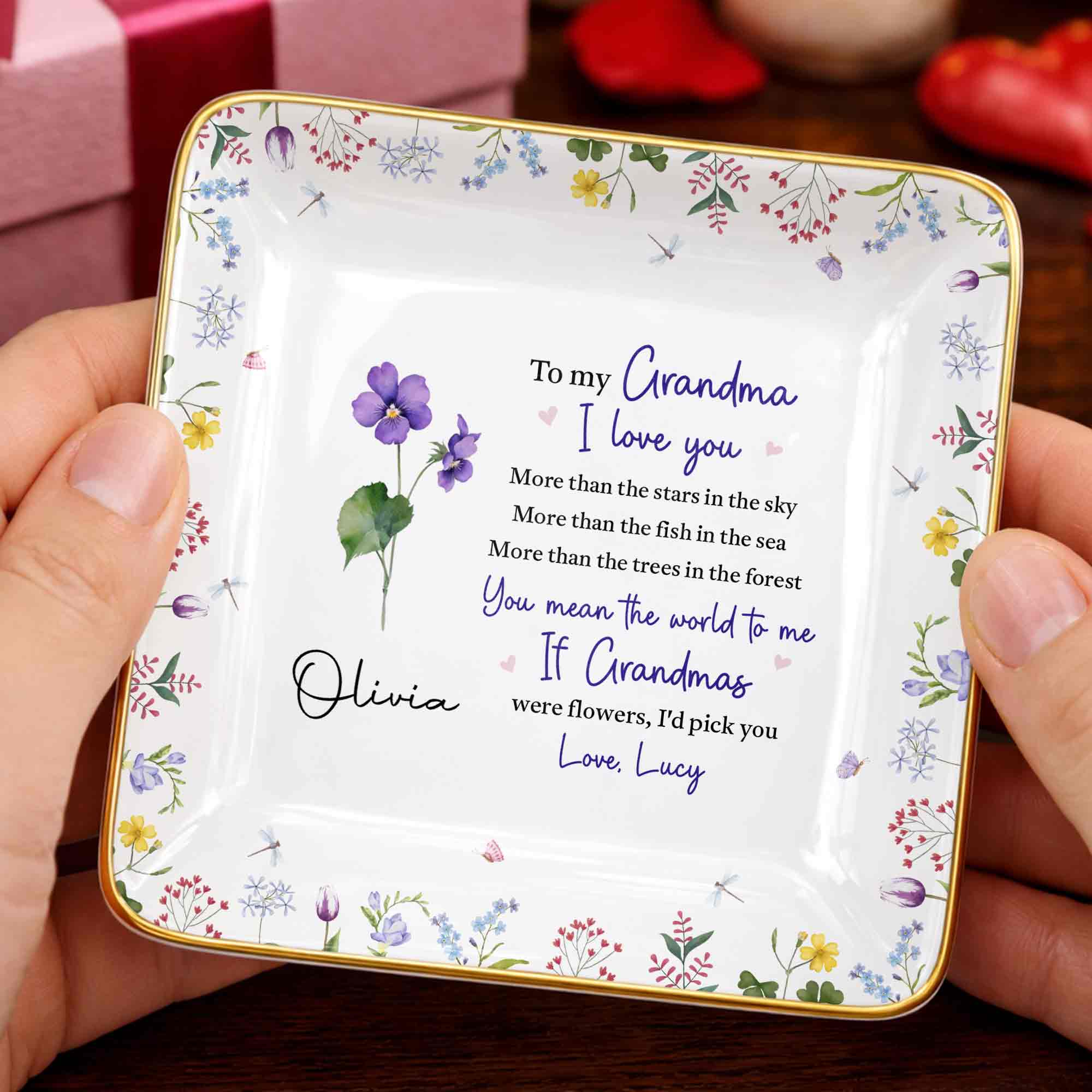 To My Grandma, I Love You, Flower Design - Personalized Custom Jewelry Dish, Ceramic Dish, Square Shape - GRM105_SCRF