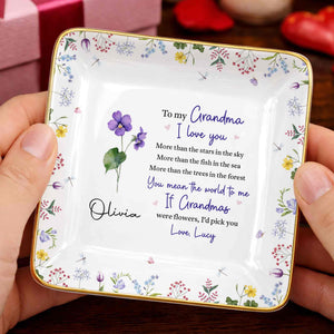To My Grandma, I Love You, Flower Design - Personalized Custom Jewelry Dish, Ceramic Dish, Square Shape - GRM105_SCRF