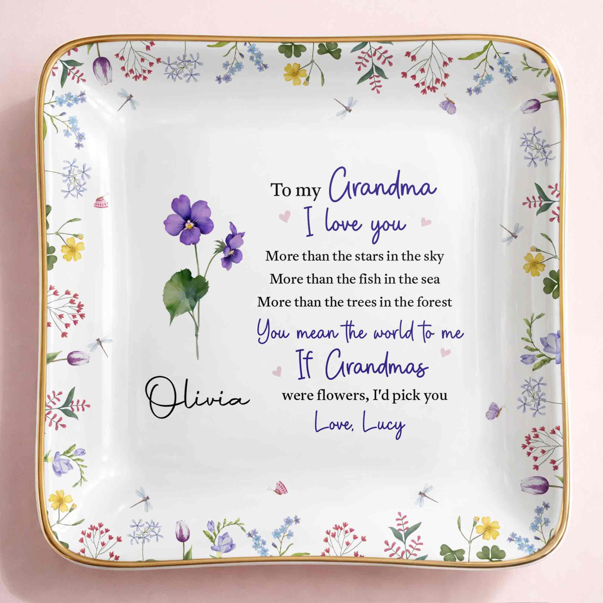 To My Grandma, I Love You, Flower Design - Personalized Custom Jewelry Dish, Ceramic Dish, Square Shape - GRM105_SCRF