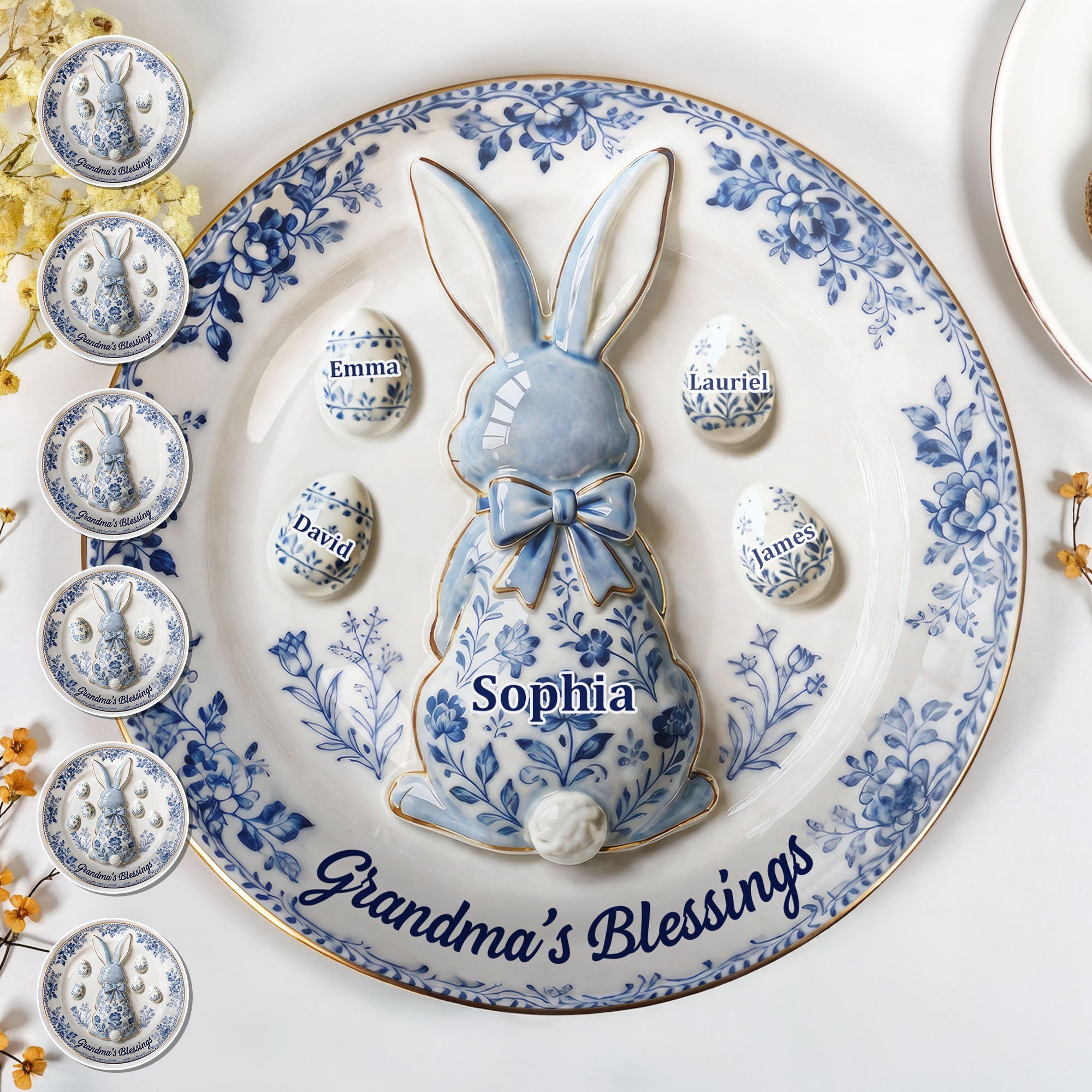 Grandma's Blessings Personalized Bunny And Eggs Floral Design - Personalized Custom Jewelry Dish, Ceramic Dish, Round Shape - GRM110_RCRF