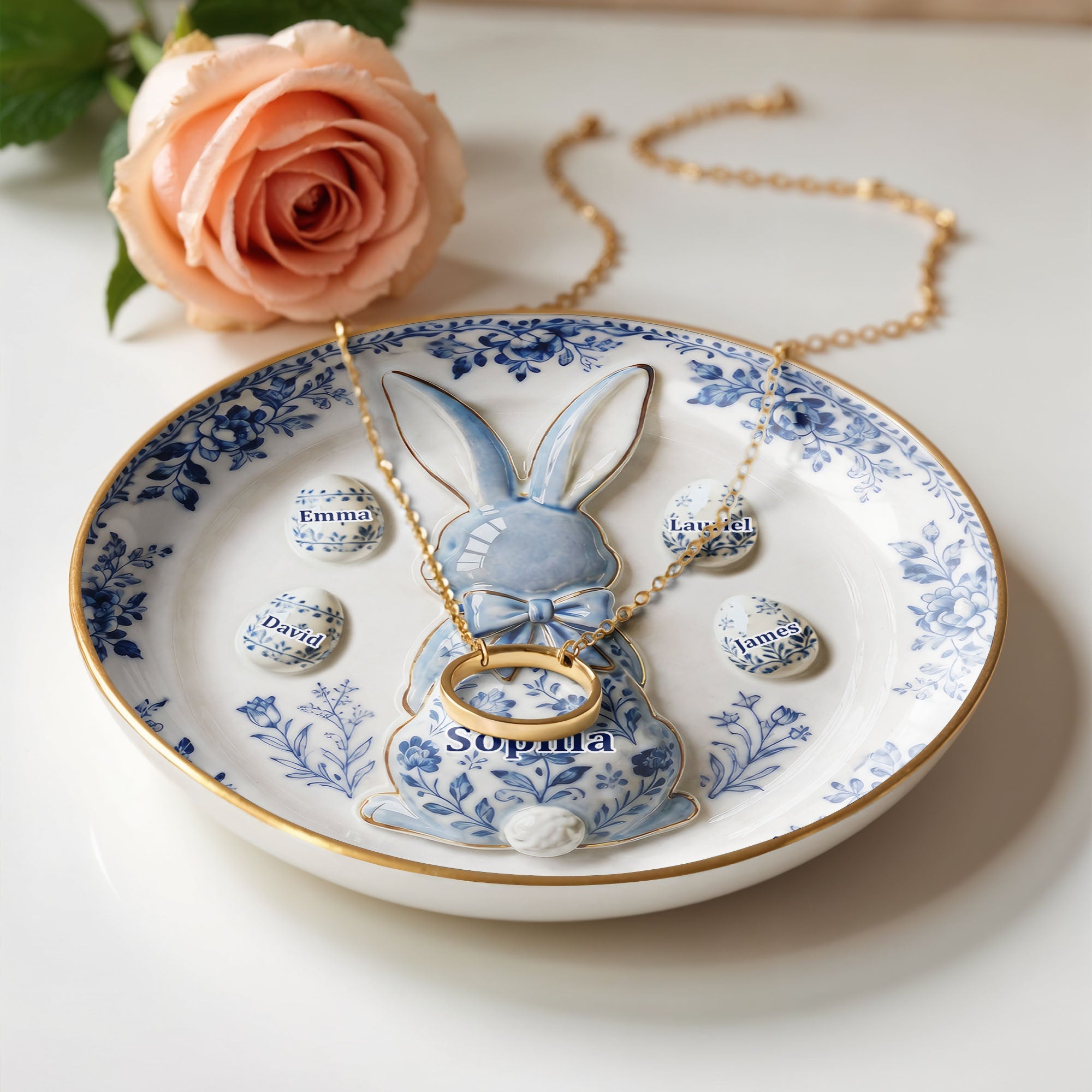 Grandma's Blessings Personalized Bunny And Eggs Floral Design - Personalized Custom Jewelry Dish, Ceramic Dish, Round Shape - GRM110_RCRF