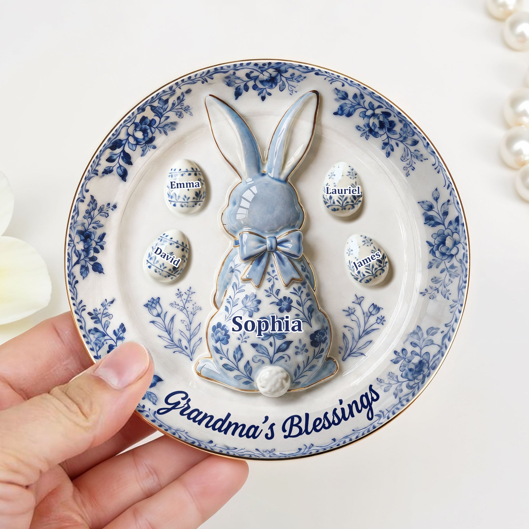 Grandma's Blessings Personalized Bunny And Eggs Floral Design - Personalized Custom Jewelry Dish, Ceramic Dish, Round Shape - GRM110_RCRF
