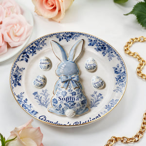 Grandma's Blessings Personalized Bunny And Eggs Floral Design - Personalized Custom Jewelry Dish, Ceramic Dish, Round Shape - GRM110_RCRF