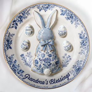 Grandma's Blessings Personalized Bunny And Eggs Floral Design - Personalized Custom Jewelry Dish, Ceramic Dish, Round Shape - GRM110_RCRF