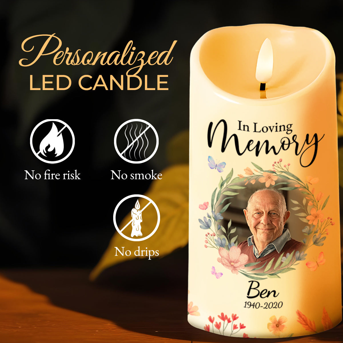 Heaven Is A Beautiful Place Floral Wreath - Personalized Custom LED Candle - GRP001_LECA