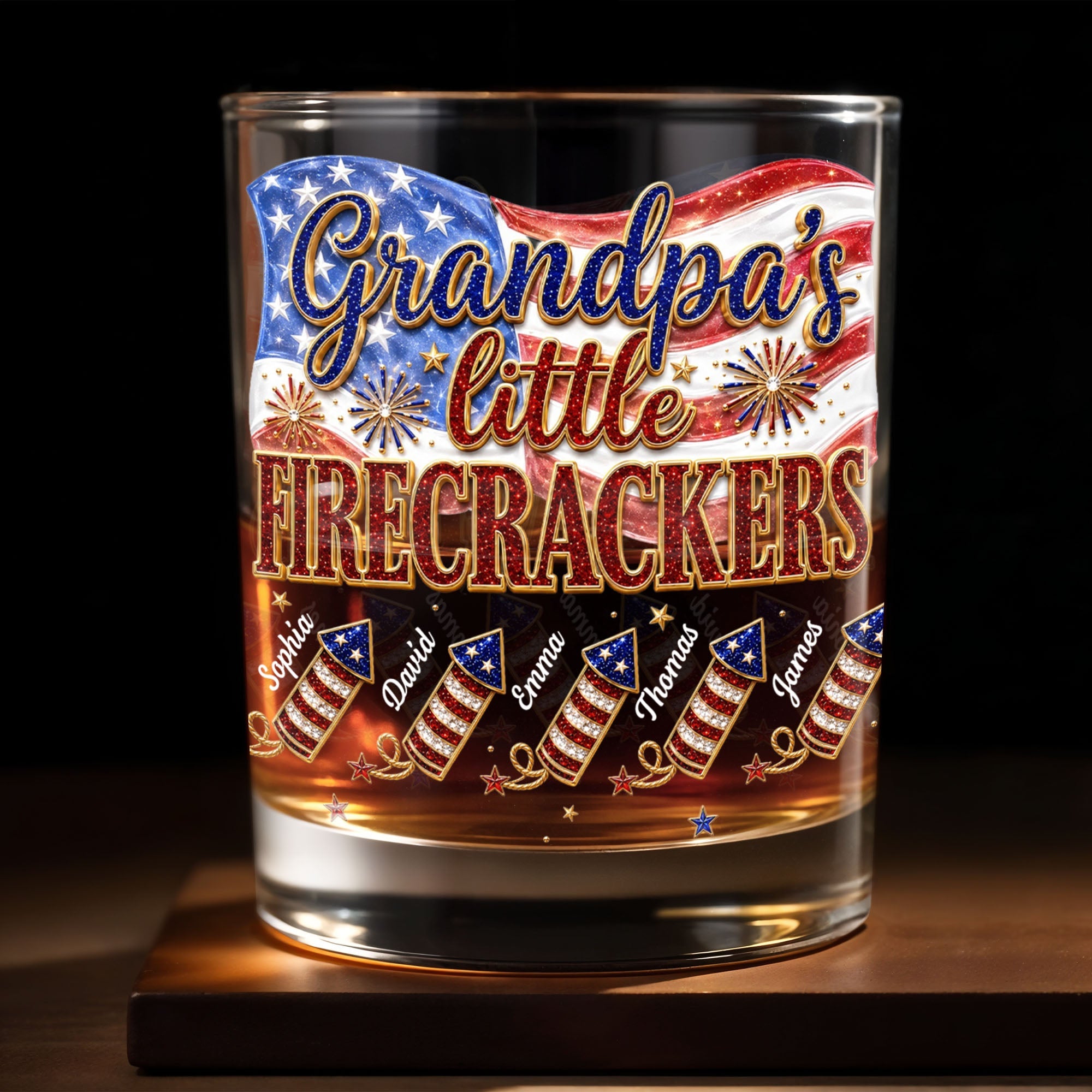 Grandpa's Little Firecrackers Patriotic American Flag And Fireworks - Personalized Custom Whiskey Glass - GRP066_RWG