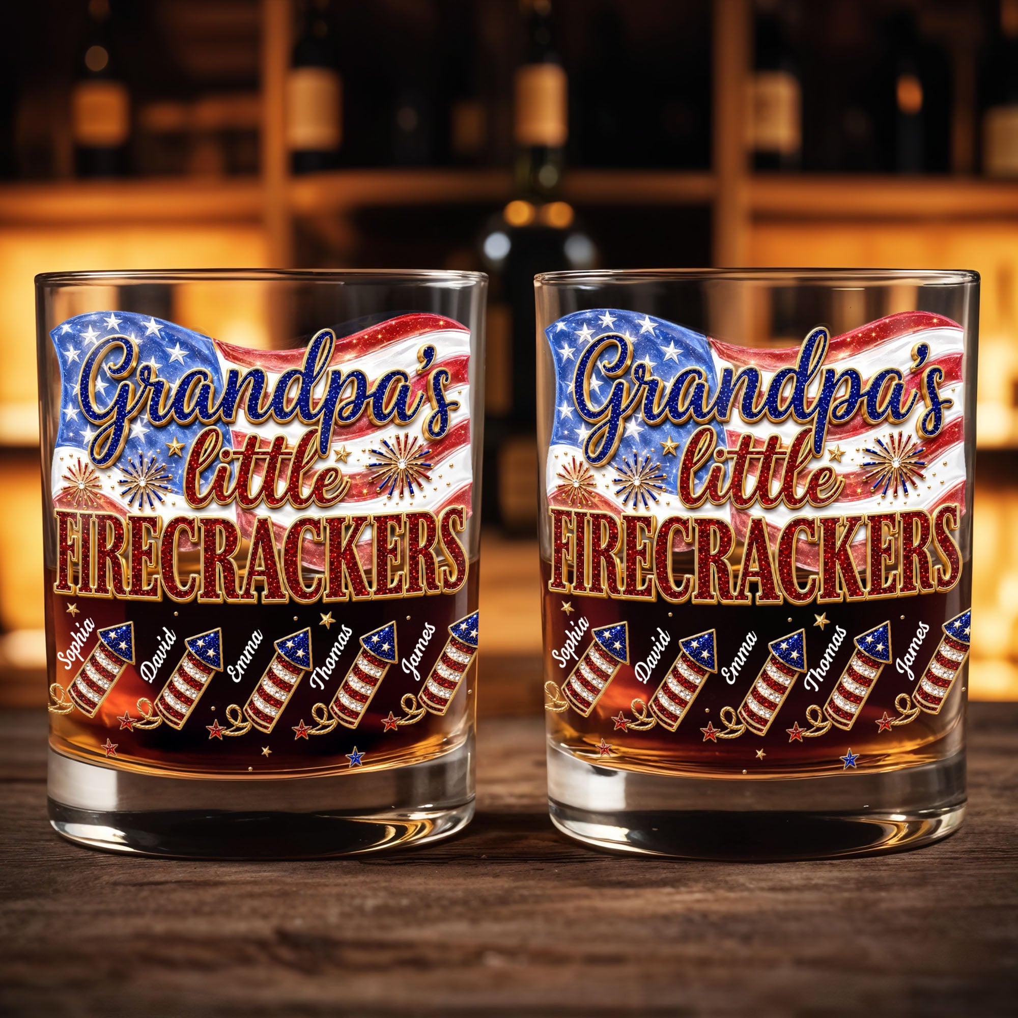Grandpa's Little Firecrackers Patriotic American Flag And Fireworks - Personalized Custom Whiskey Glass - GRP066_RWG