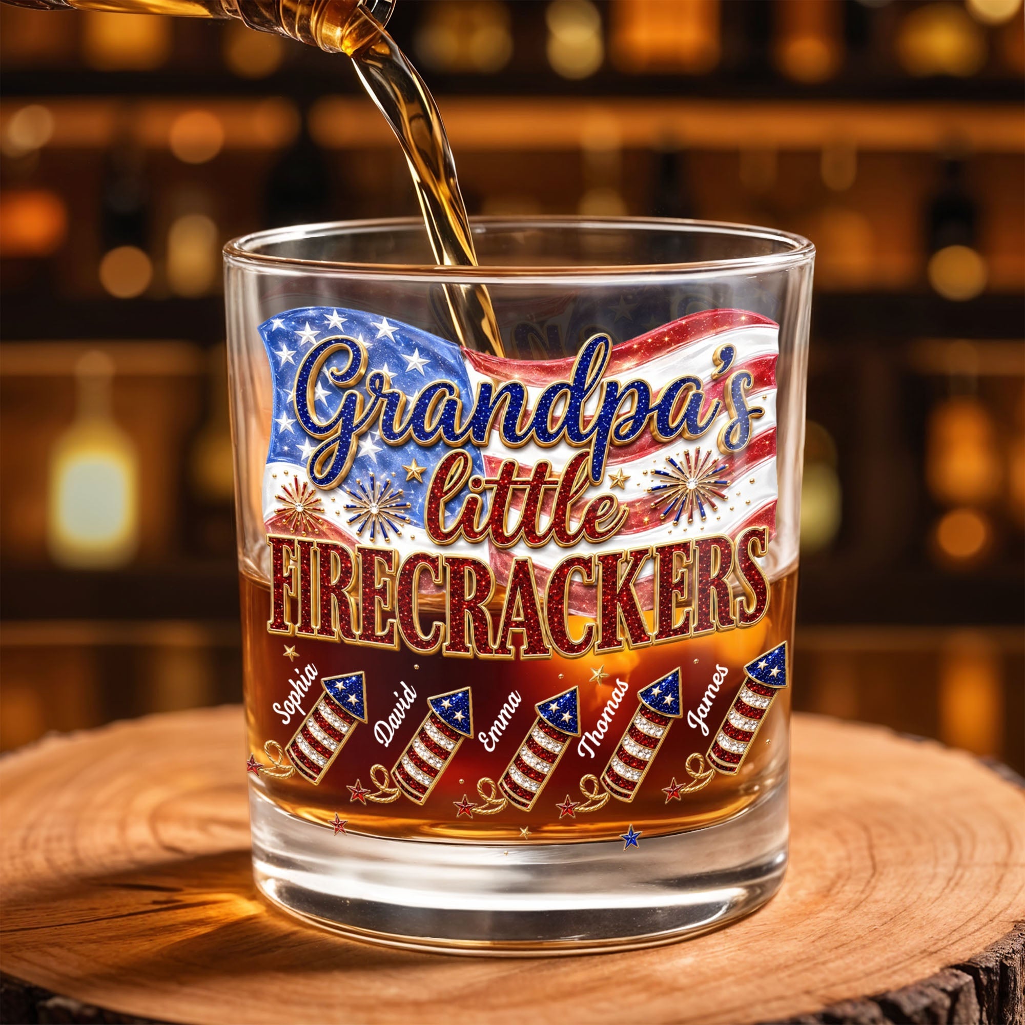 Grandpa's Little Firecrackers Patriotic American Flag And Fireworks - Personalized Custom Whiskey Glass - GRP066_RWG
