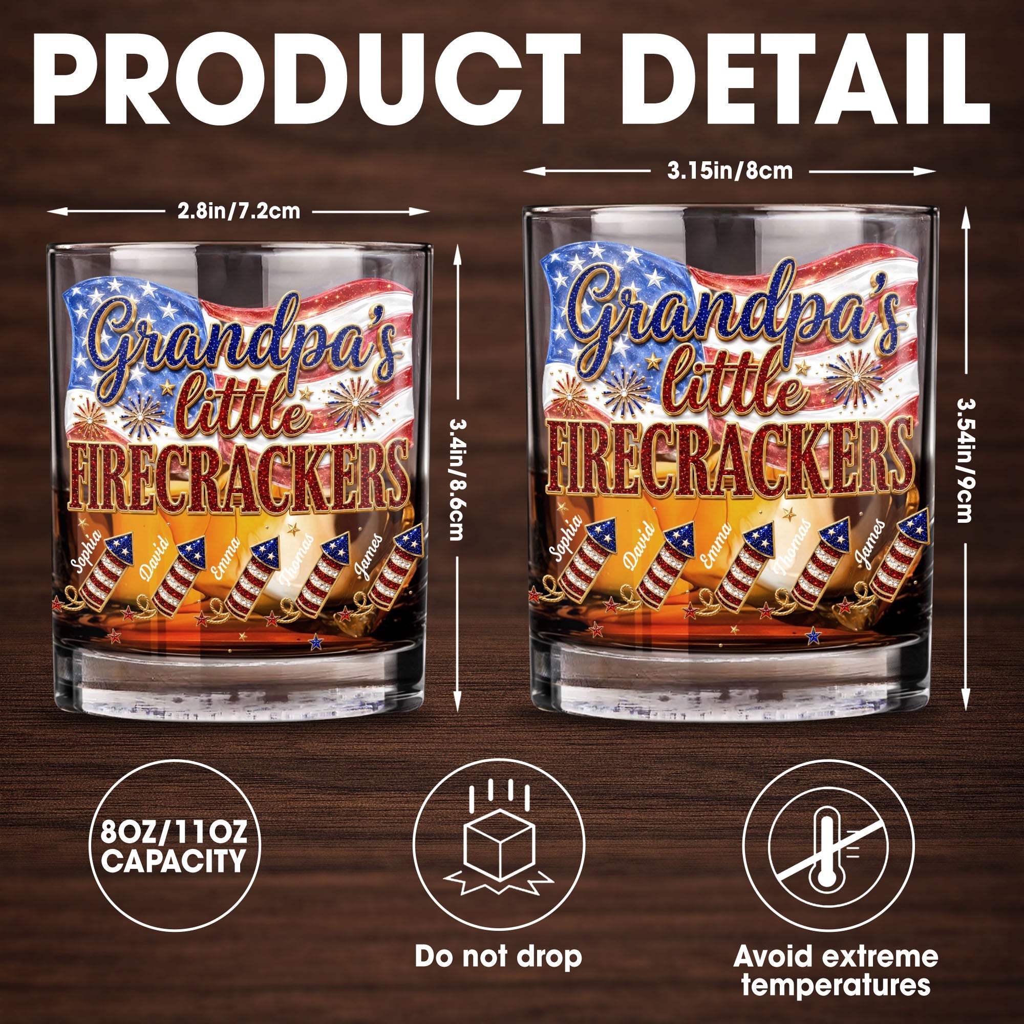 Grandpa's Little Firecrackers Patriotic American Flag And Fireworks - Personalized Custom Whiskey Glass - GRP066_RWG